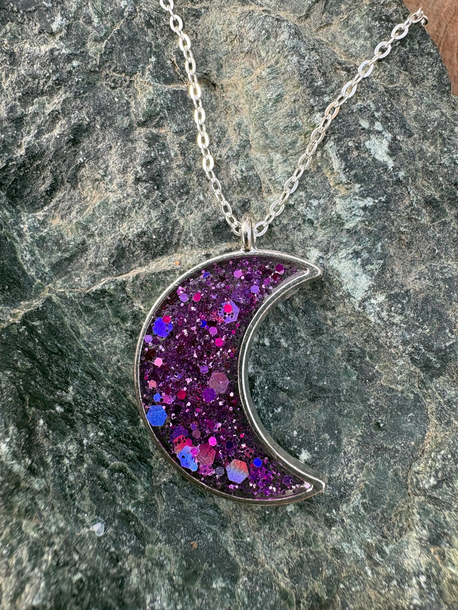 Purple Galaxy Glitter Crescent Moon Resin Necklace | Consecrated Jewelry Co. Necklaces Consecrated Jewelry Co.