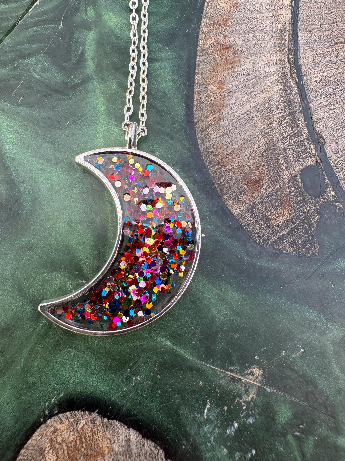 Confetti Galaxy Glitter Crescent Moon Resin Necklace | Consecrated Jewelry Co. Necklaces Consecrated Jewelry Co.