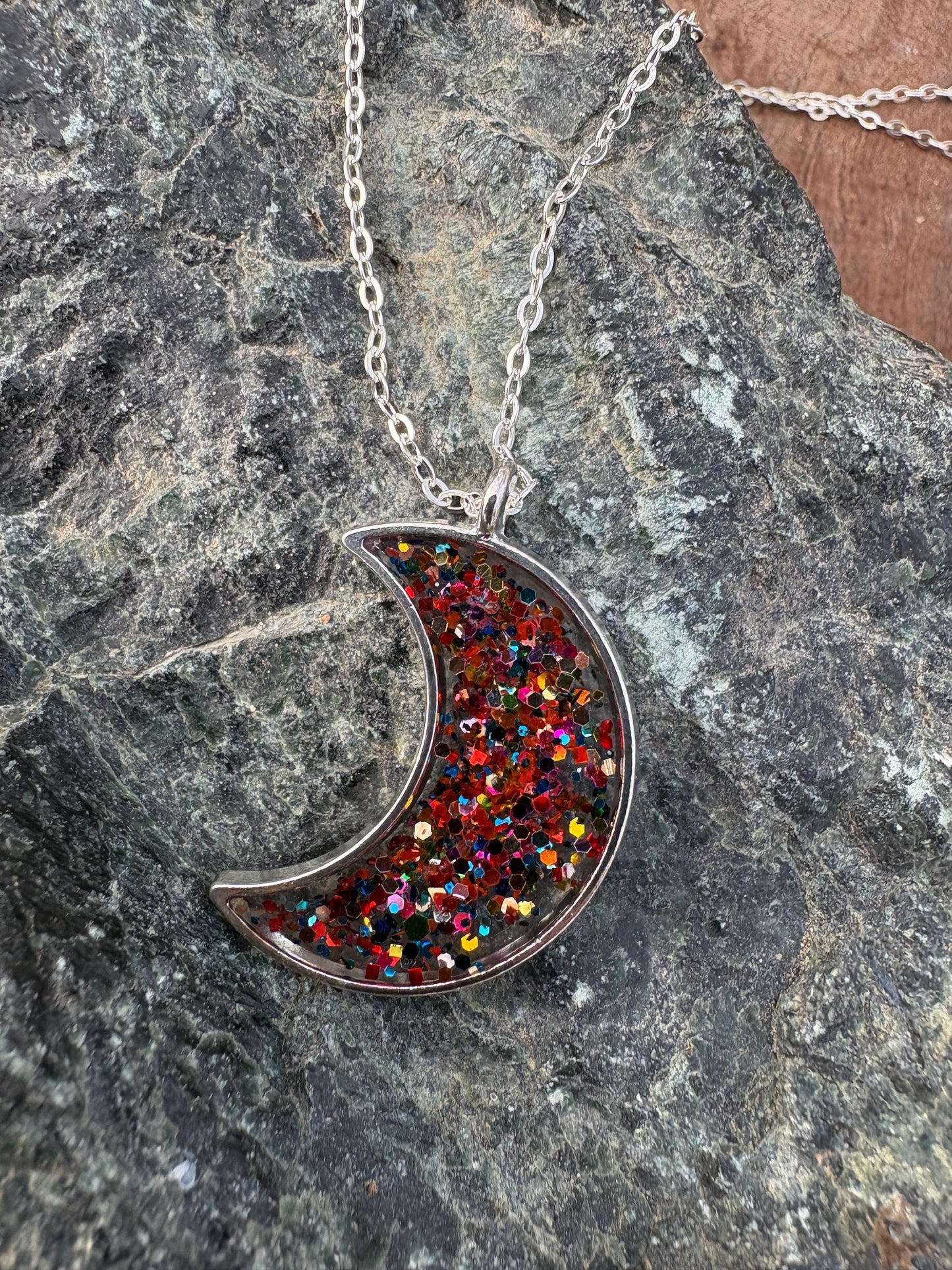 Confetti Galaxy Glitter Crescent Moon Resin Necklace | Consecrated Jewelry Co. Necklaces Consecrated Jewelry Co.