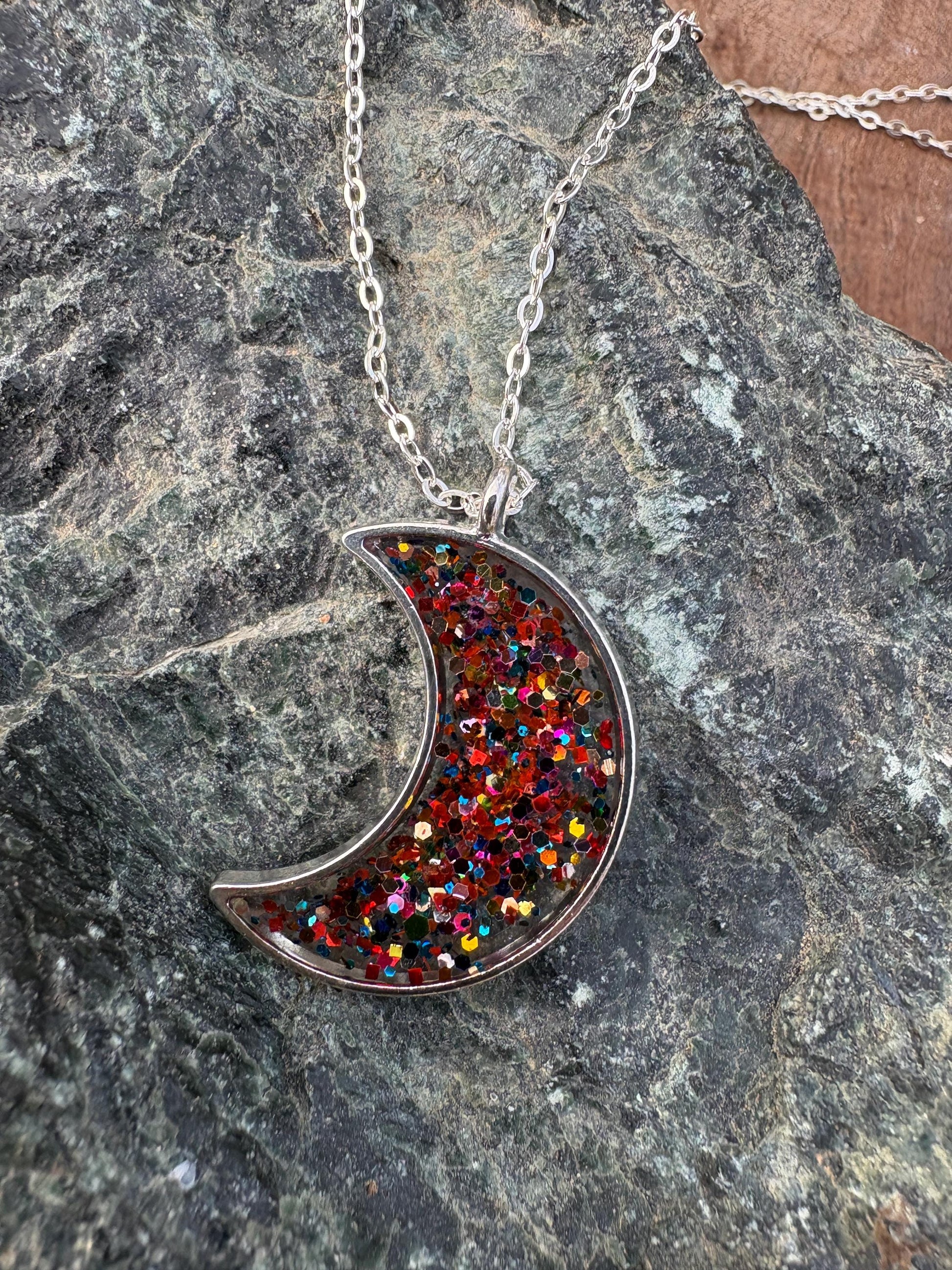 Confetti Galaxy Glitter Crescent Moon Resin Necklace | Consecrated Jewelry Co. Necklaces Consecrated Jewelry Co.