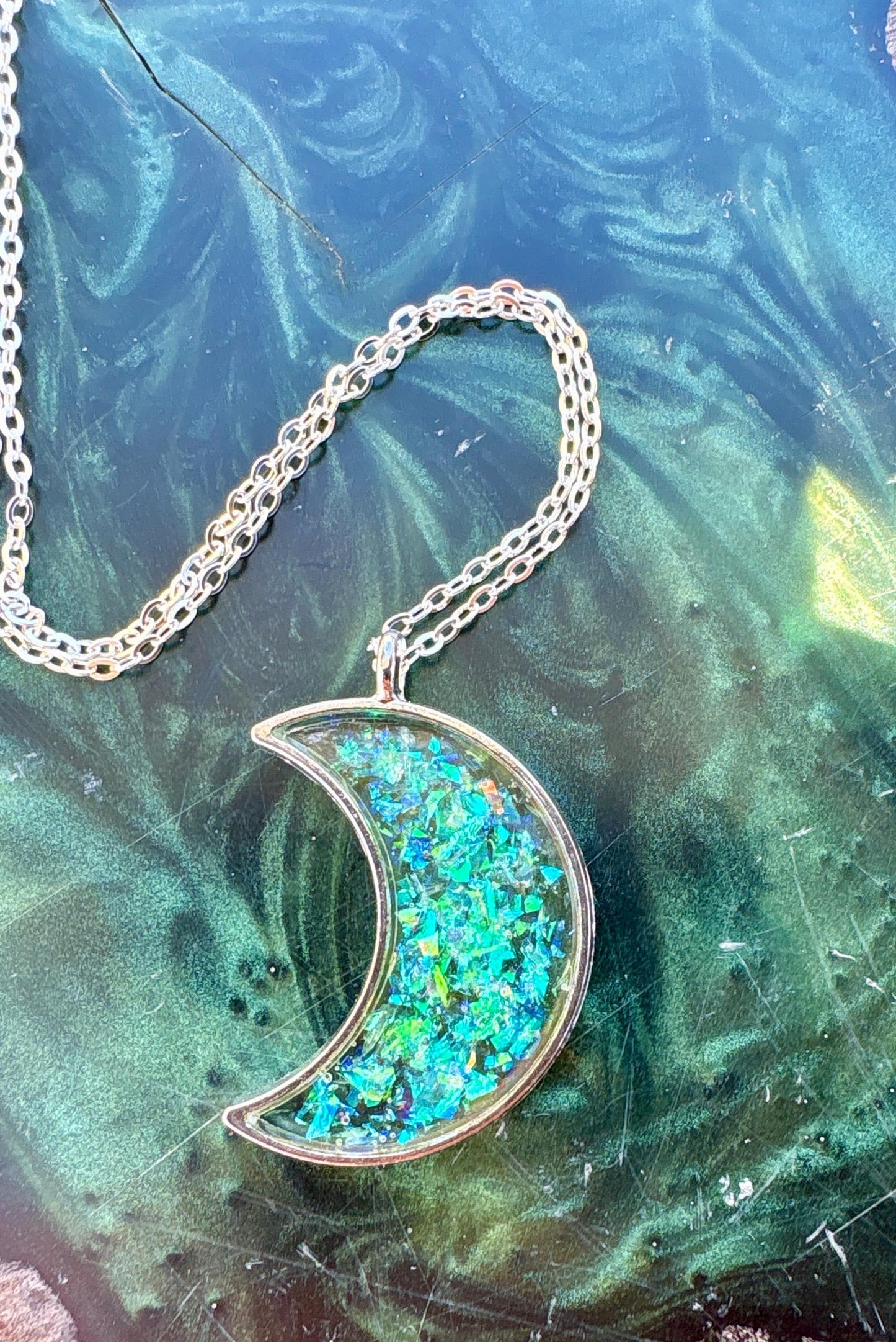 Neon Yellow-Green Galaxy Glitter Crescent Moon Resin Pendant | Consecrated Jewelry Co. Necklaces Consecrated Jewelry Co.