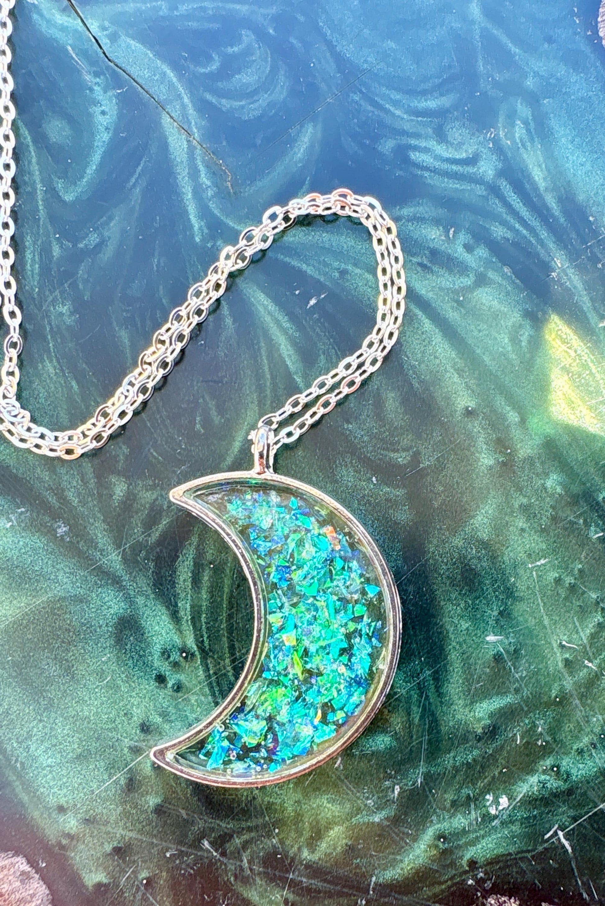 Neon Yellow-Green Galaxy Glitter Crescent Moon Resin Pendant | Consecrated Jewelry Co. Necklaces Consecrated Jewelry Co.