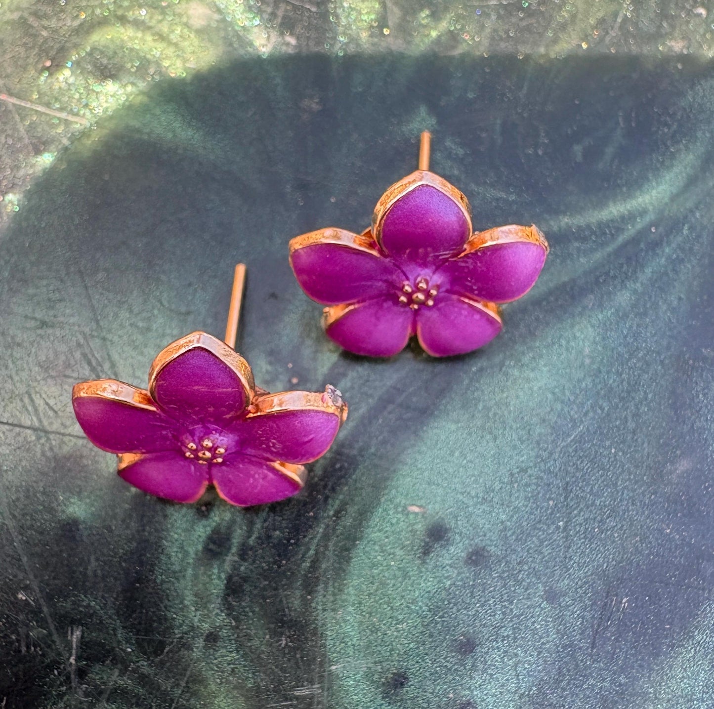 Purple & Fuchsia Enamel Gold Flower Stud Earrings | Consecrated Jewelry Co. Earrings Consecrated Jewelry Co.