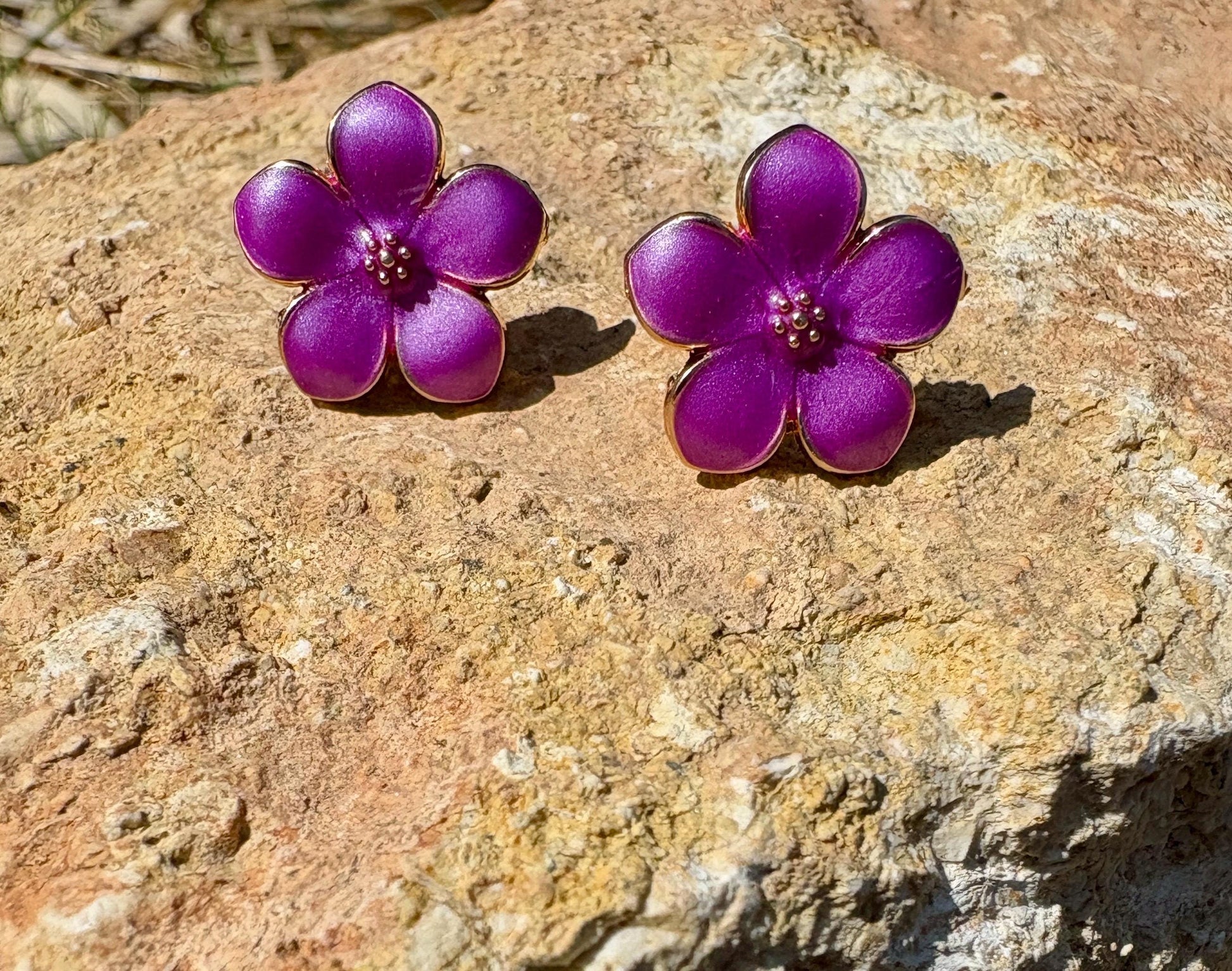 Purple & Fuchsia Enamel Gold Flower Stud Earrings | Consecrated Jewelry Co. Earrings Consecrated Jewelry Co.
