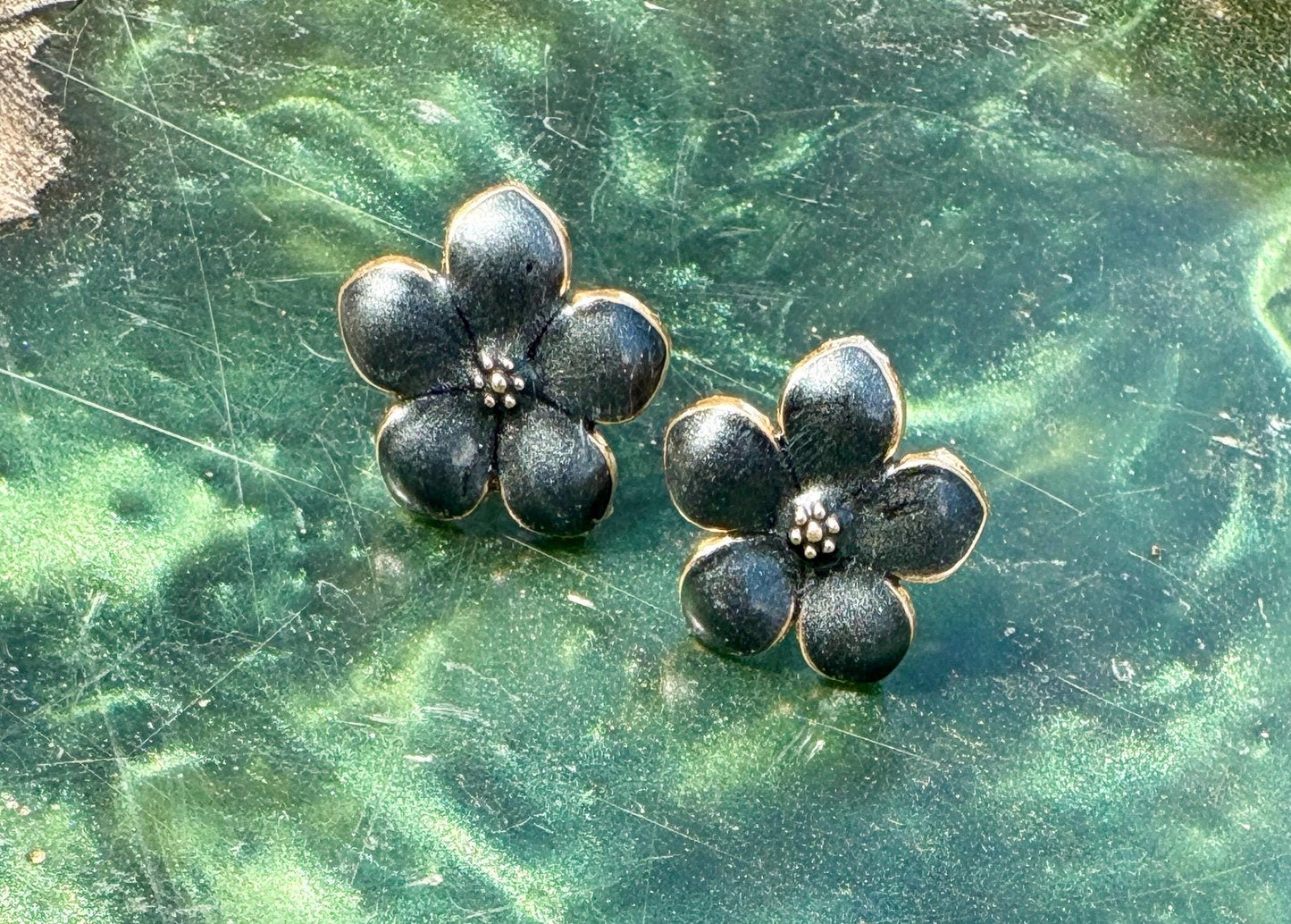 Black Enamel Gold Flower Stud Earrings | Consecrated Jewelry Co. Consecrated Jewelry Co.
