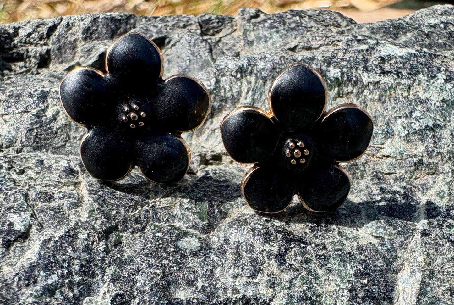 Black Enamel Gold Flower Stud Earrings | Consecrated Jewelry Co. Consecrated Jewelry Co.