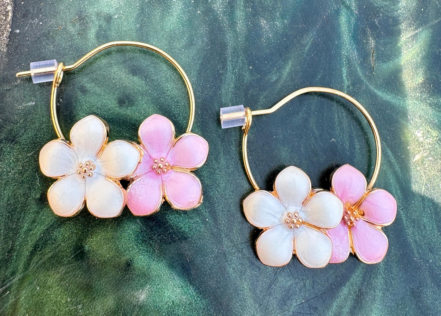 Gold Hoop Flower Earrings | White Pink Enamel Floral Spring Earrings Consecrated Jewelry Co.