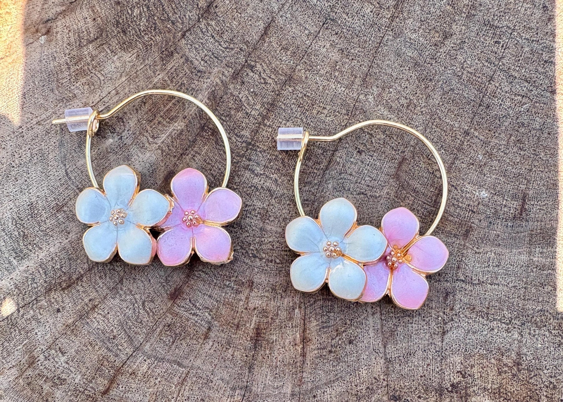 Gold Hoop Flower Earrings | White Pink Enamel Floral Spring Earrings Consecrated Jewelry Co.