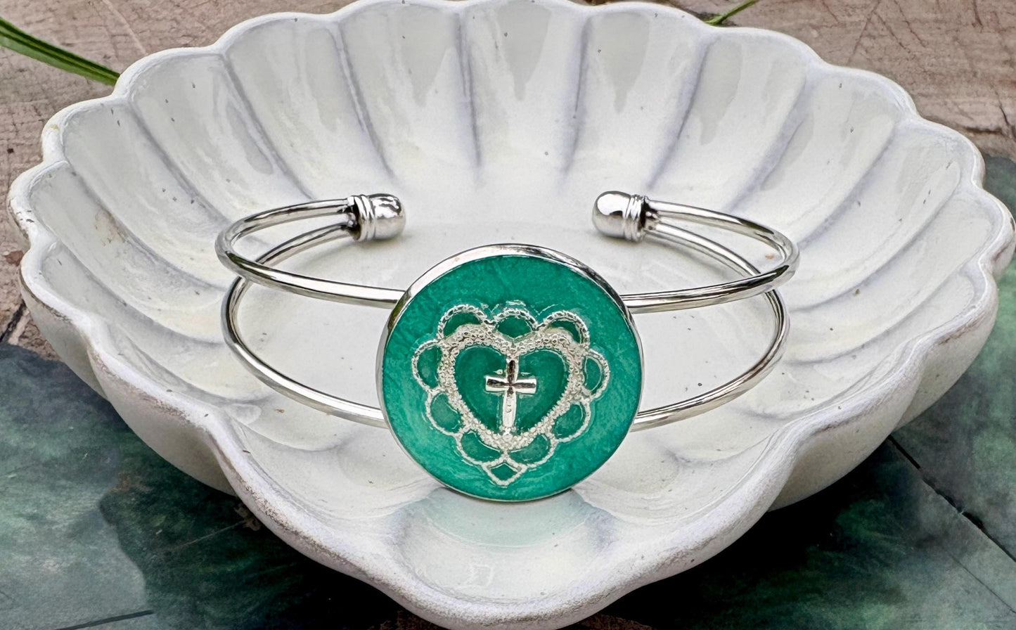 Handmade Turquoise Resin Cross Heart Bracelet, Silver Tone Open Cuff Bracelet, Faith Inspired Christian Jewelry, Boho Bracelet Gift