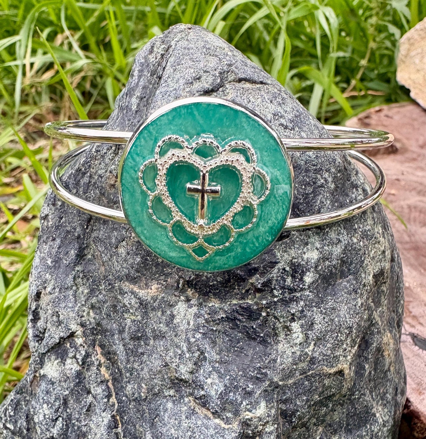 Handmade Turquoise Resin Cross Heart Bracelet, Silver Tone Open Cuff Bracelet, Faith Inspired Christian Jewelry, Boho Bracelet Gift