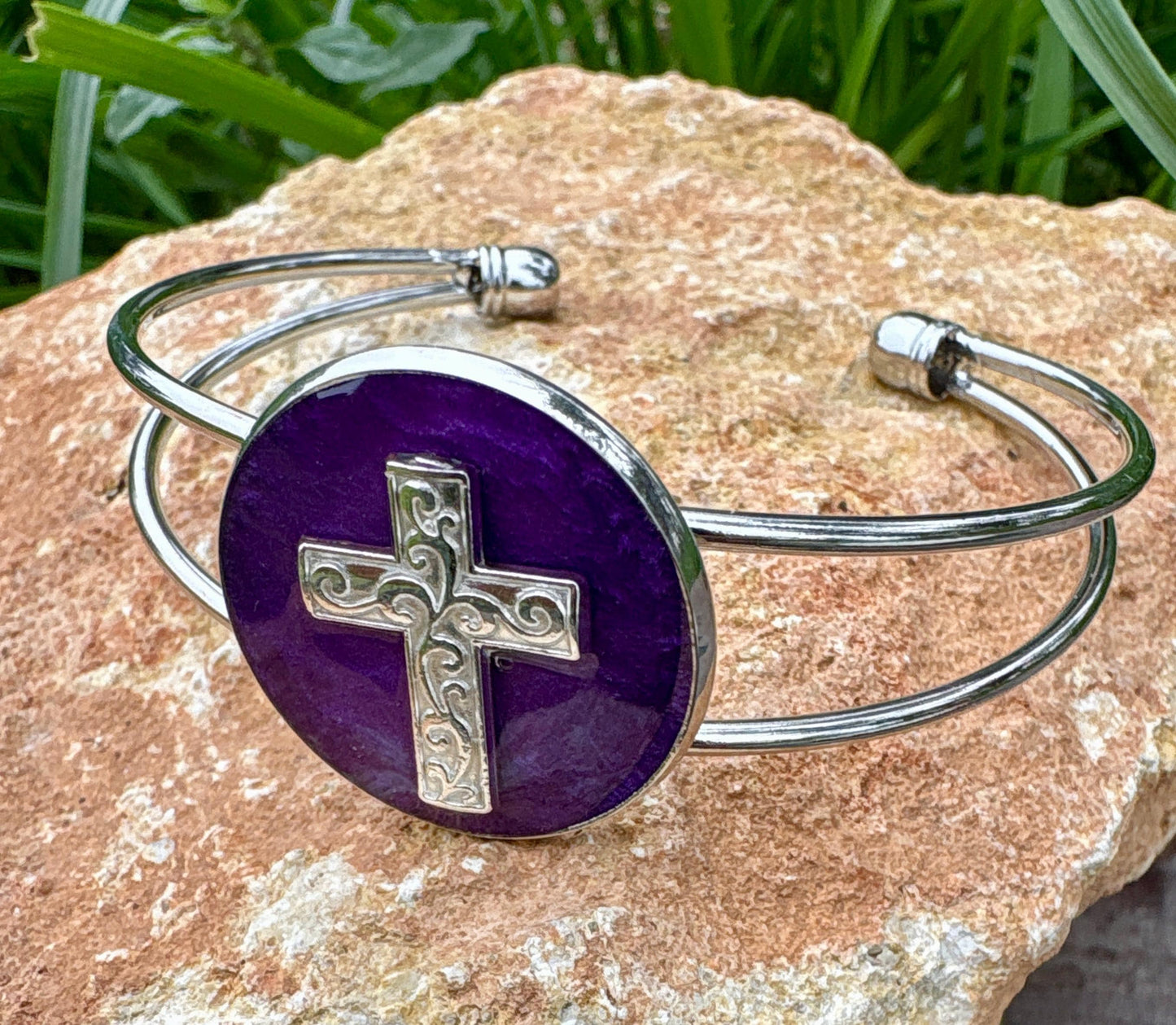 Handmade Purple Resin Cross Bracelet, Silver Tone Open Cuff Bracelet, Faith Inspired Christian Jewelry, Boho Rustic Bracelet Gift