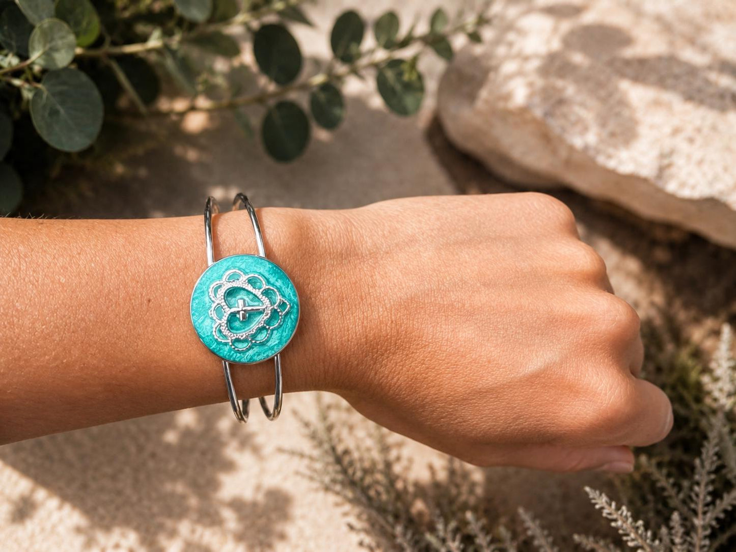 Handmade Turquoise Resin Cross Heart Bracelet, Silver Tone Open Cuff Bracelet, Faith Inspired Christian Jewelry, Boho Bracelet Gift