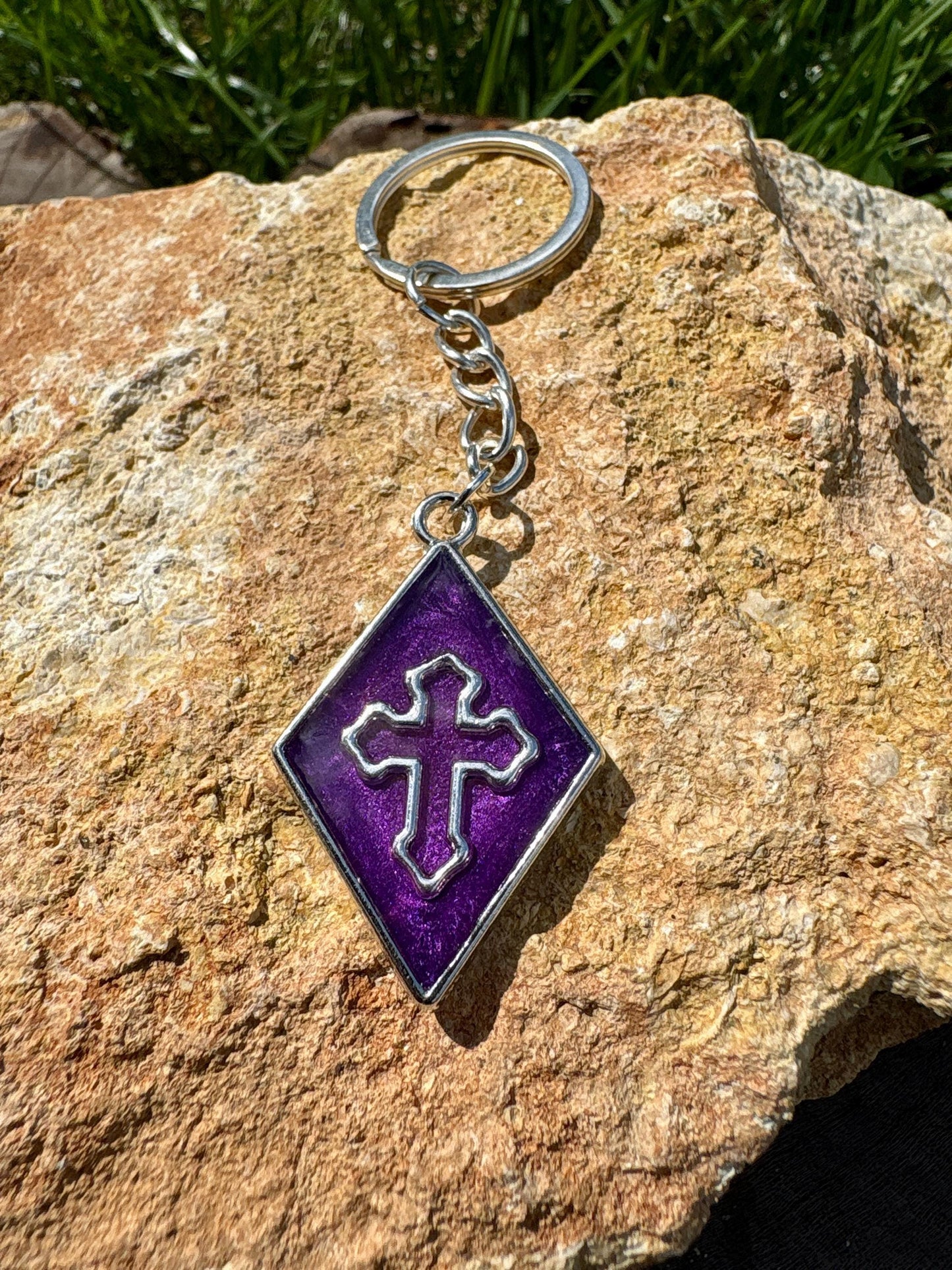 Handmade Purple Resin Cross Keychain, Silver Tone Bag Chain, Faith Inspired Christian Jewelry, Boho Rustic Purse Accessory Gift