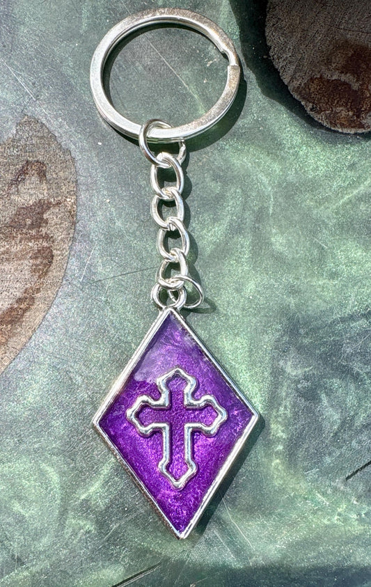 Handmade Purple Resin Cross Keychain, Silver Tone Bag Chain, Faith Inspired Christian Jewelry, Boho Rustic Purse Accessory Gift
