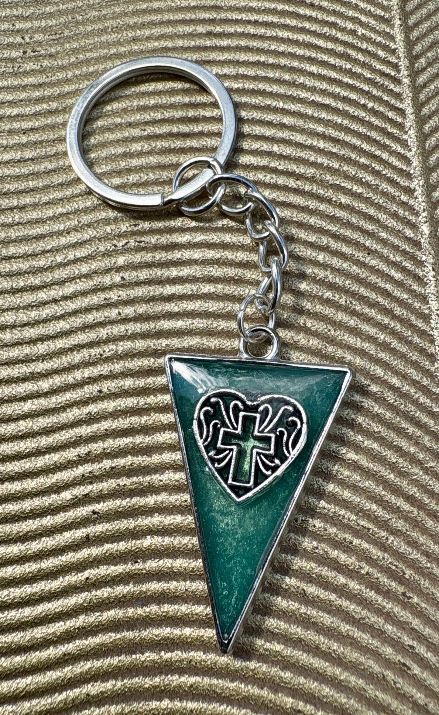 Handmade Turquoise Resin Cross Keychain, Silver Tone Bag Chain, Faith Inspired Christian Jewelry, Triangle Purse Accessory Gift