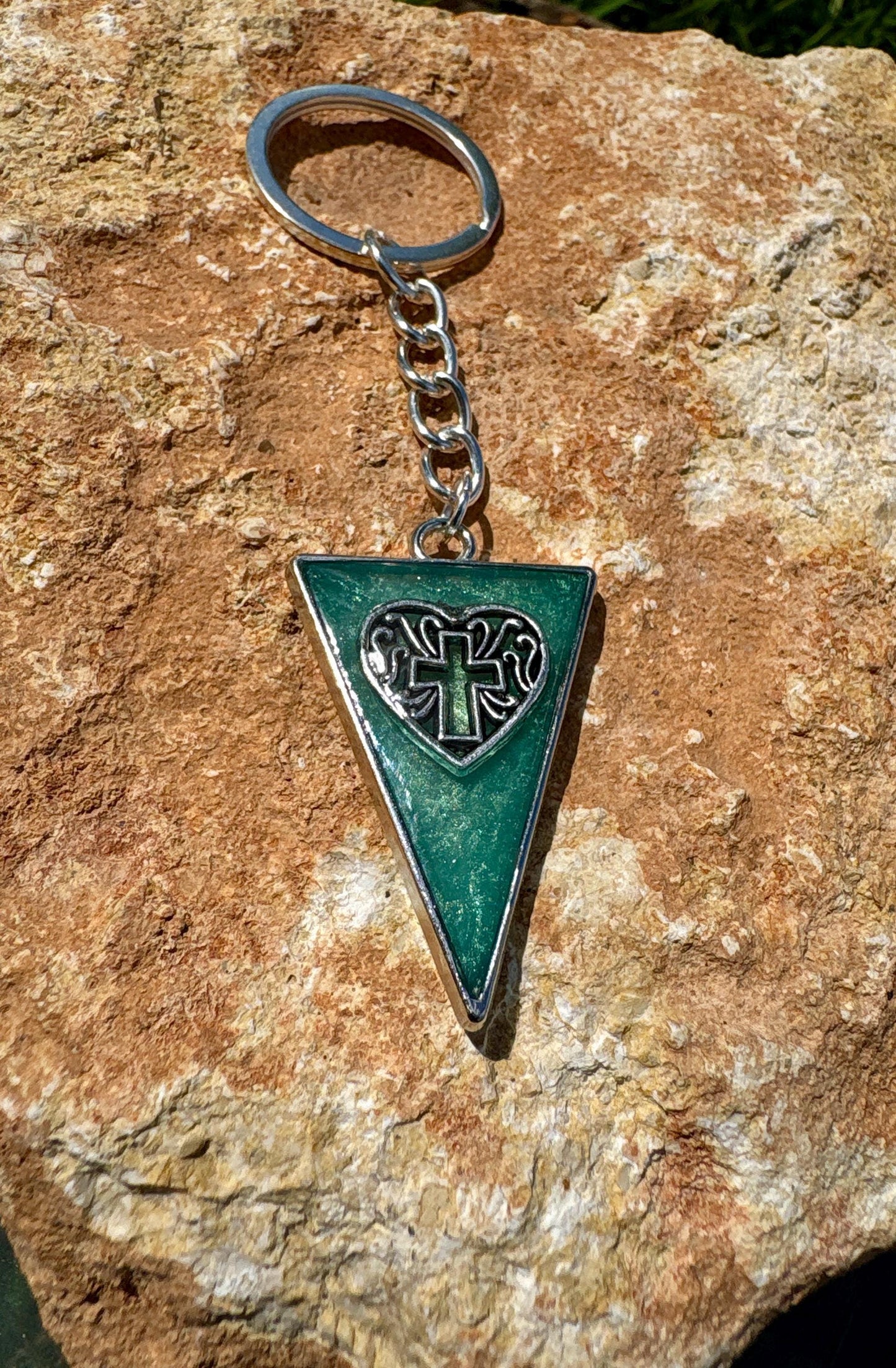 Handmade Turquoise Resin Cross Keychain, Silver Tone Bag Chain, Faith Inspired Christian Jewelry, Triangle Purse Accessory Gift