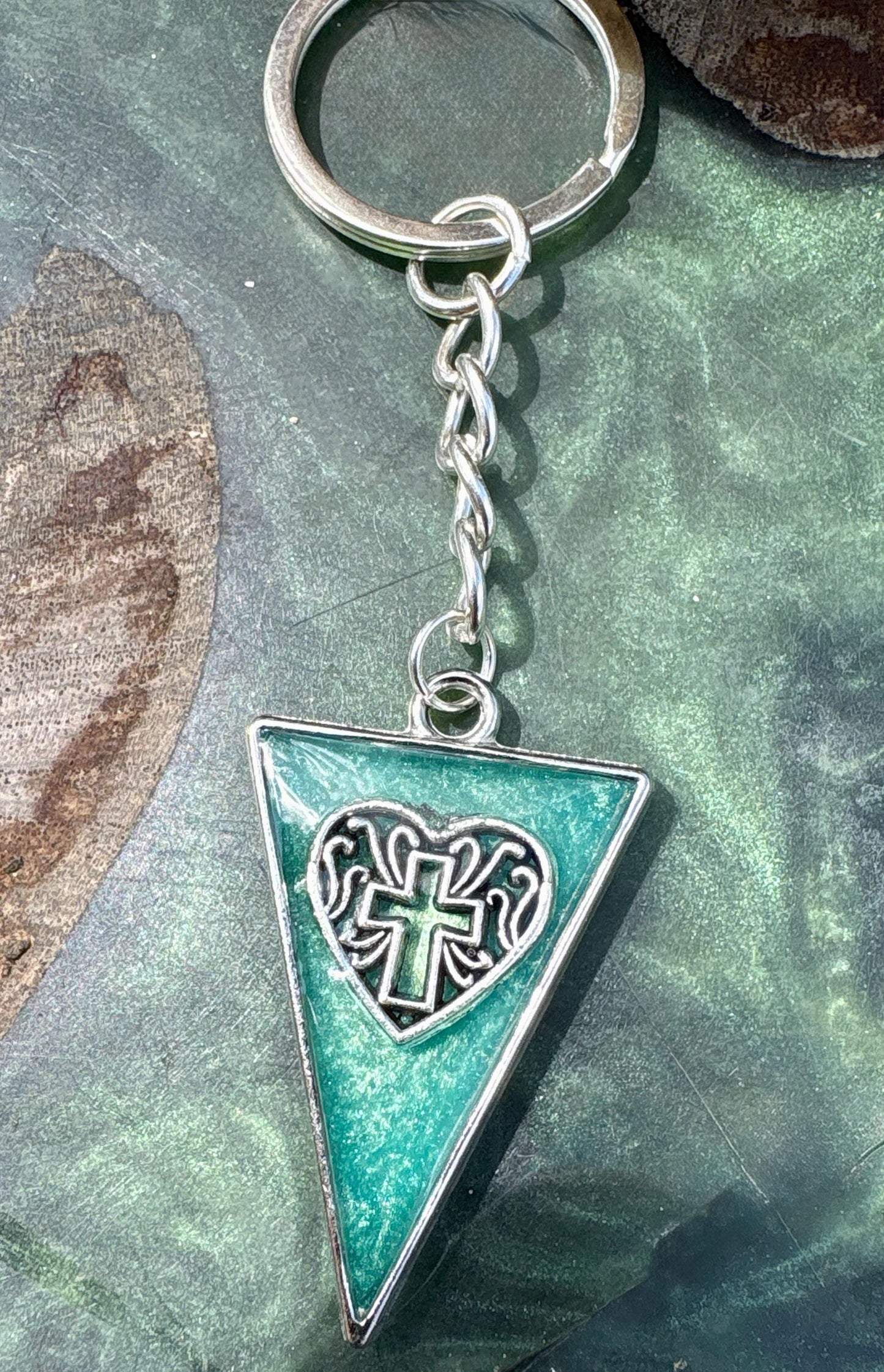Handmade Turquoise Resin Cross Keychain, Silver Tone Bag Chain, Faith Inspired Christian Jewelry, Triangle Purse Accessory Gift