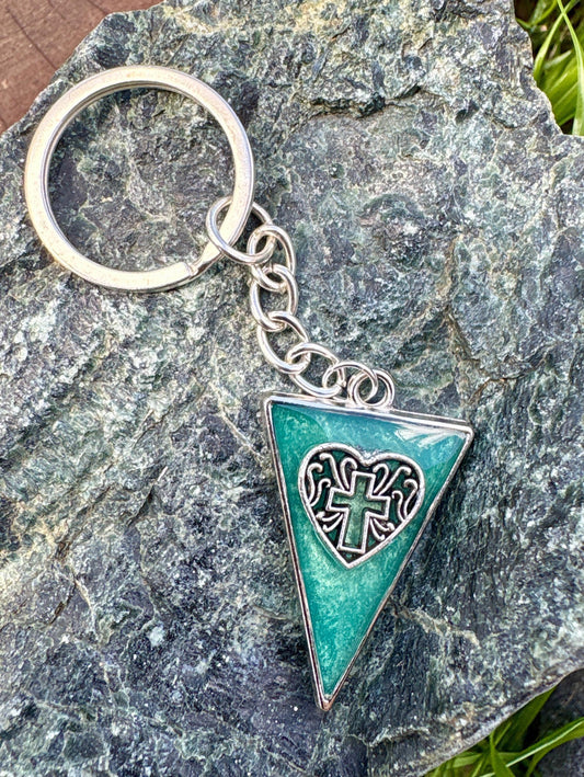 Handmade Turquoise Resin Cross Keychain, Silver Tone Bag Chain, Faith Inspired Christian Jewelry, Triangle Purse Accessory Gift