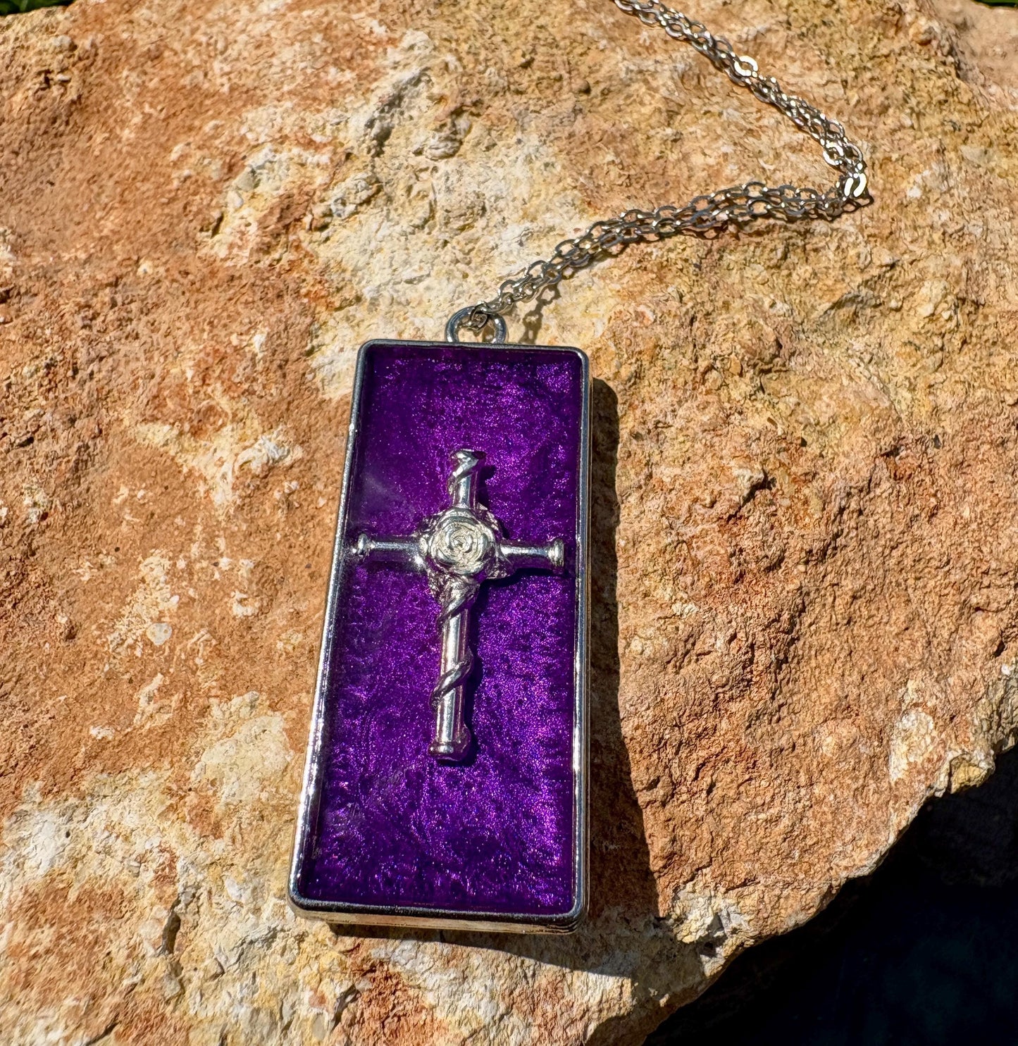 Handmade Purple Resin Cross Pendant, Silver Tone Necklace, Faith Inspired Christian Jewelry, Gift For Her, Colorful Accessory