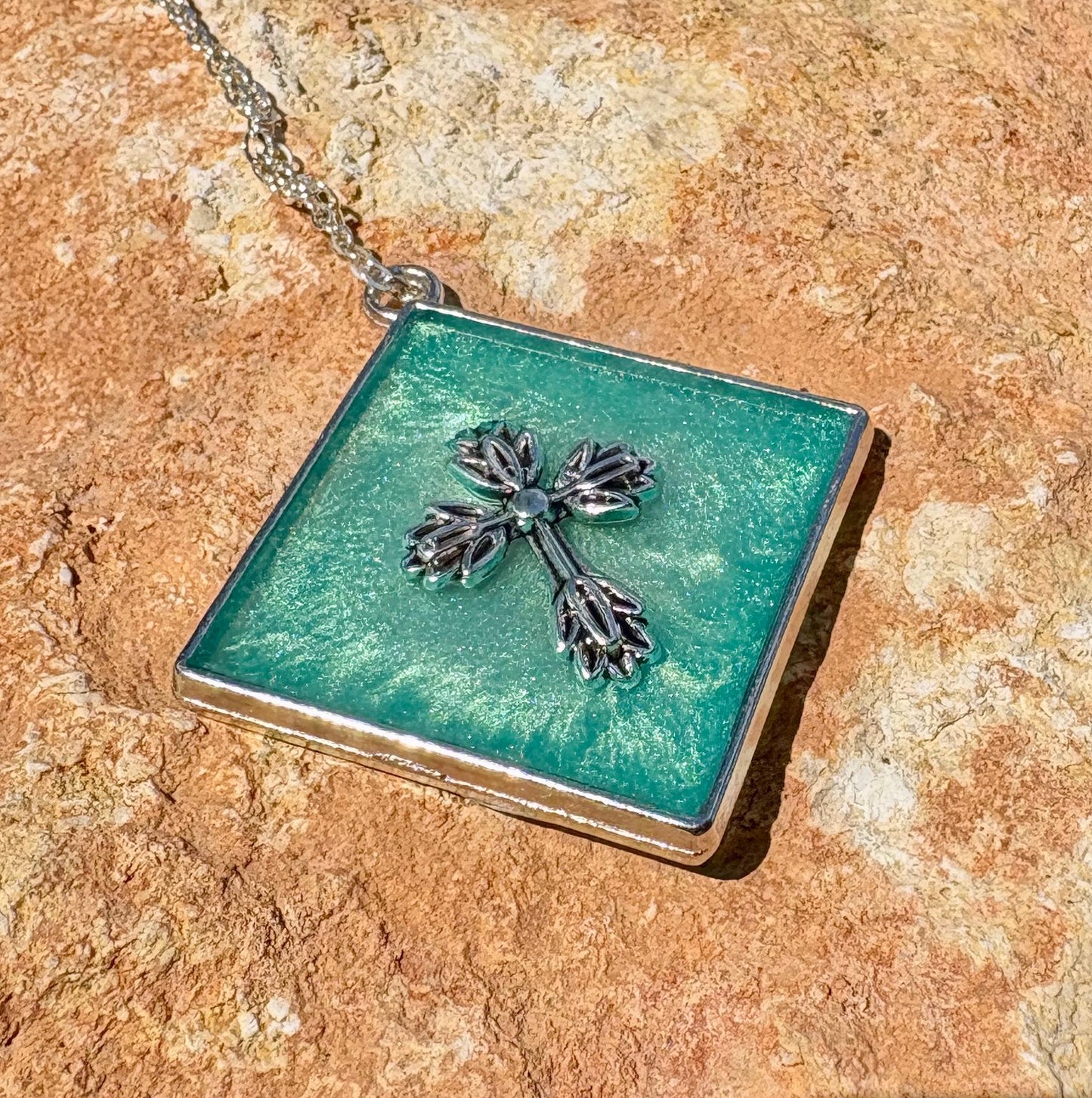 Handmade Turquoise Resin Cross Pendant, Silver Tone Diamond Frame Necklace, Faith Inspired Christian Jewelry, Gift For Her, Blue Accessory