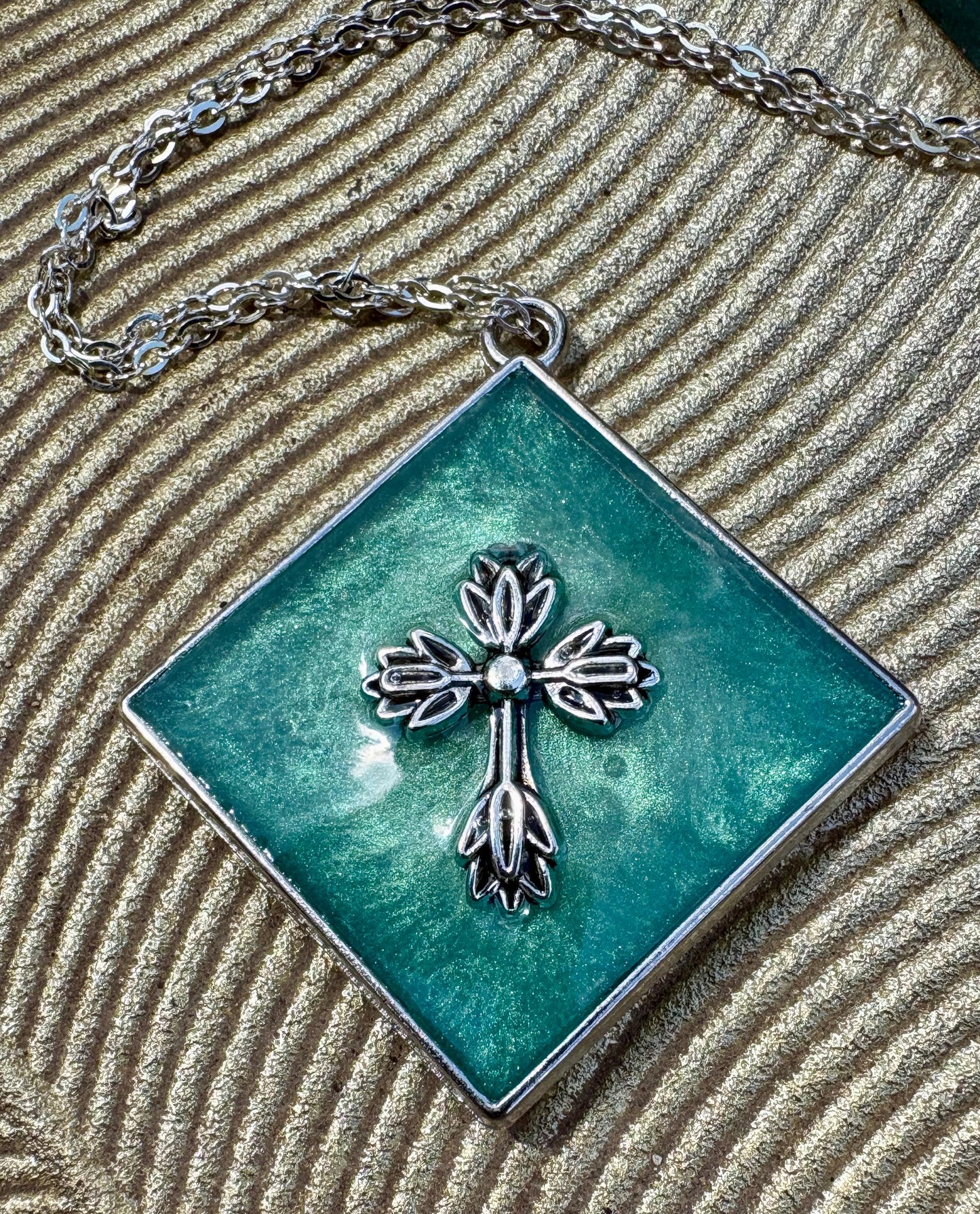Handmade Turquoise Resin Cross Pendant, Silver Tone Diamond Frame Necklace, Faith Inspired Christian Jewelry, Gift For Her, Blue Accessory