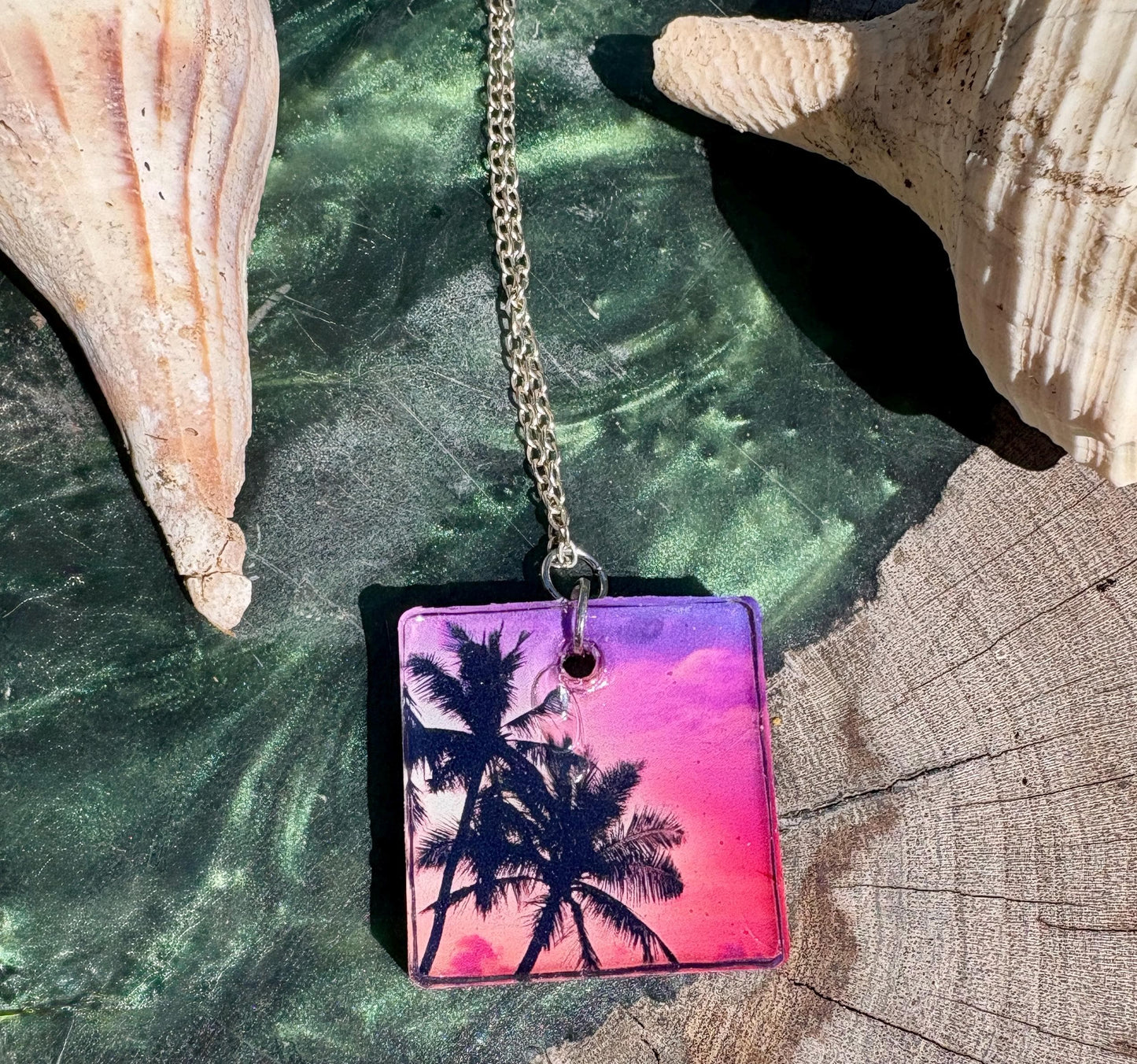 Palm Tree Resin Pendant Necklace, Vacation and Summer Jewelry, Beach and Tropical Accessory, Sunset