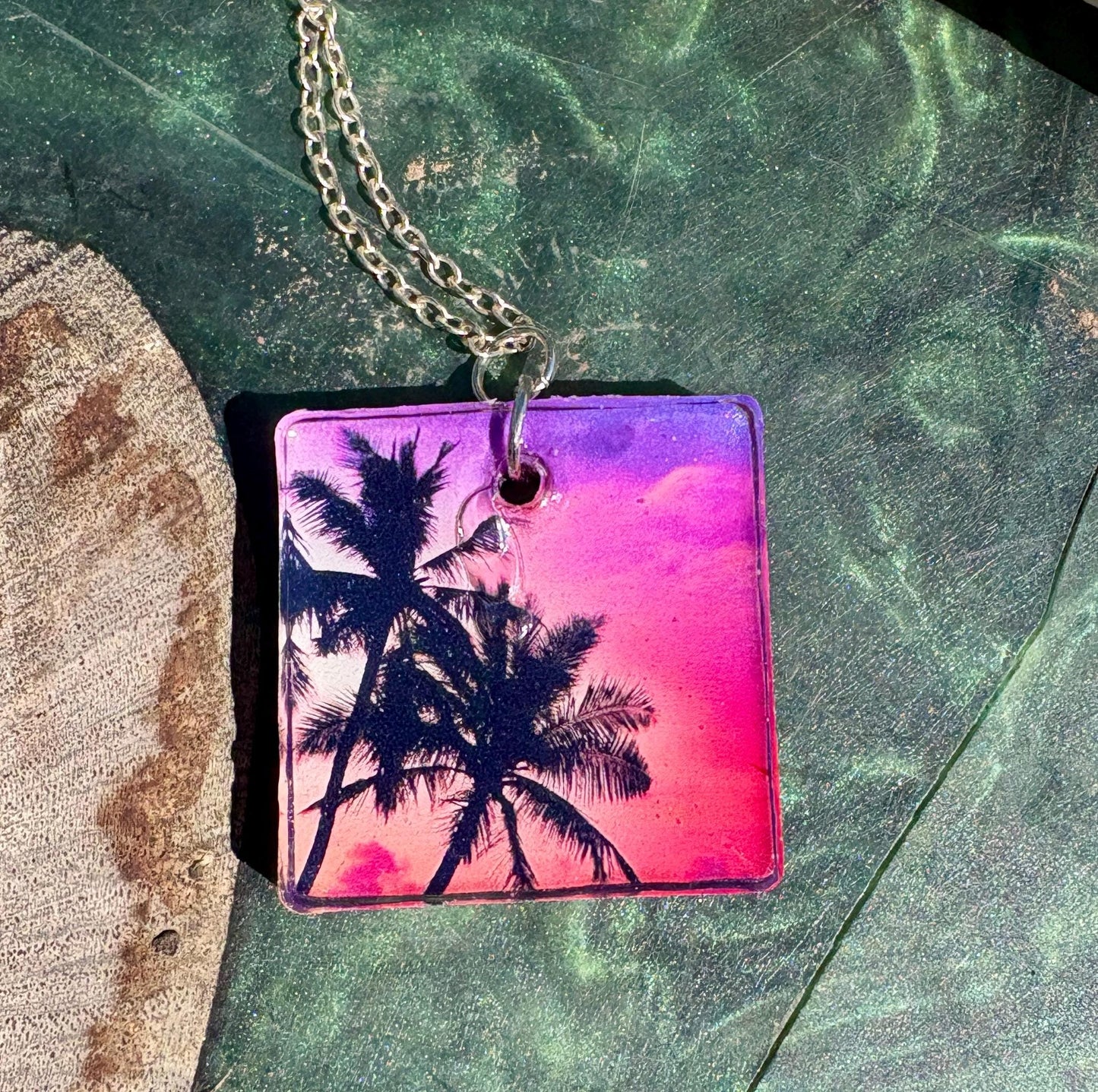 Palm Tree Resin Pendant Necklace, Vacation and Summer Jewelry, Beach and Tropical Accessory, Sunset