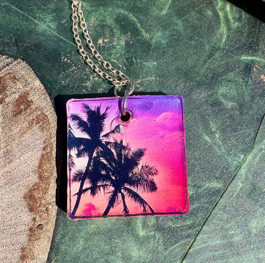 Palm Tree Resin Pendant Necklace, Vacation and Summer Jewelry, Beach and Tropical Accessory, Sunset