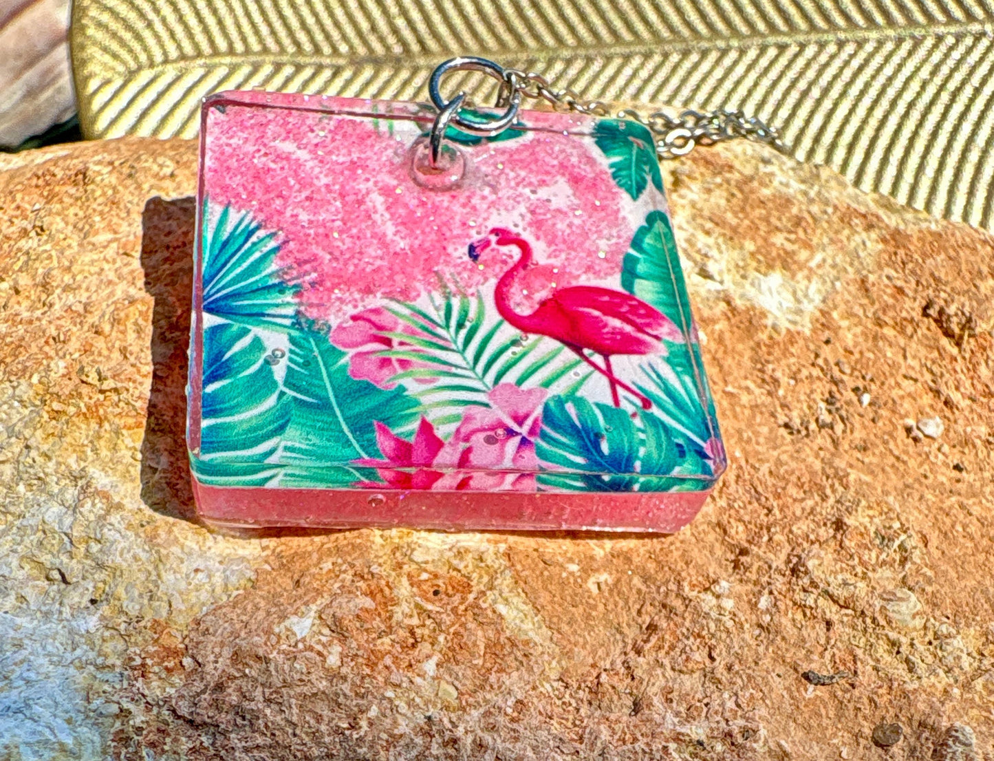 Flamingo Resin Pendant Necklace, Vacation and Summer Jewelry, Beach and Tropical Accessory, Palm Tree