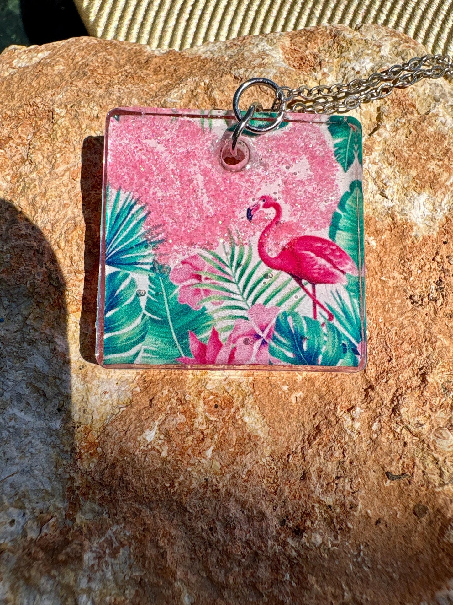 Flamingo Resin Pendant Necklace, Vacation and Summer Jewelry, Beach and Tropical Accessory, Palm Tree