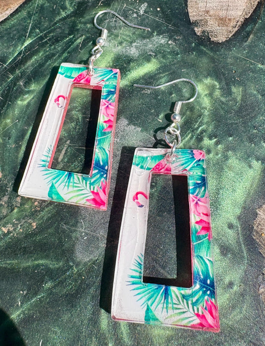 Flamingo Resin Dangle Earrings, Vacation and Summer Jewelry, Beach and Tropical Accessory, Palm Tree