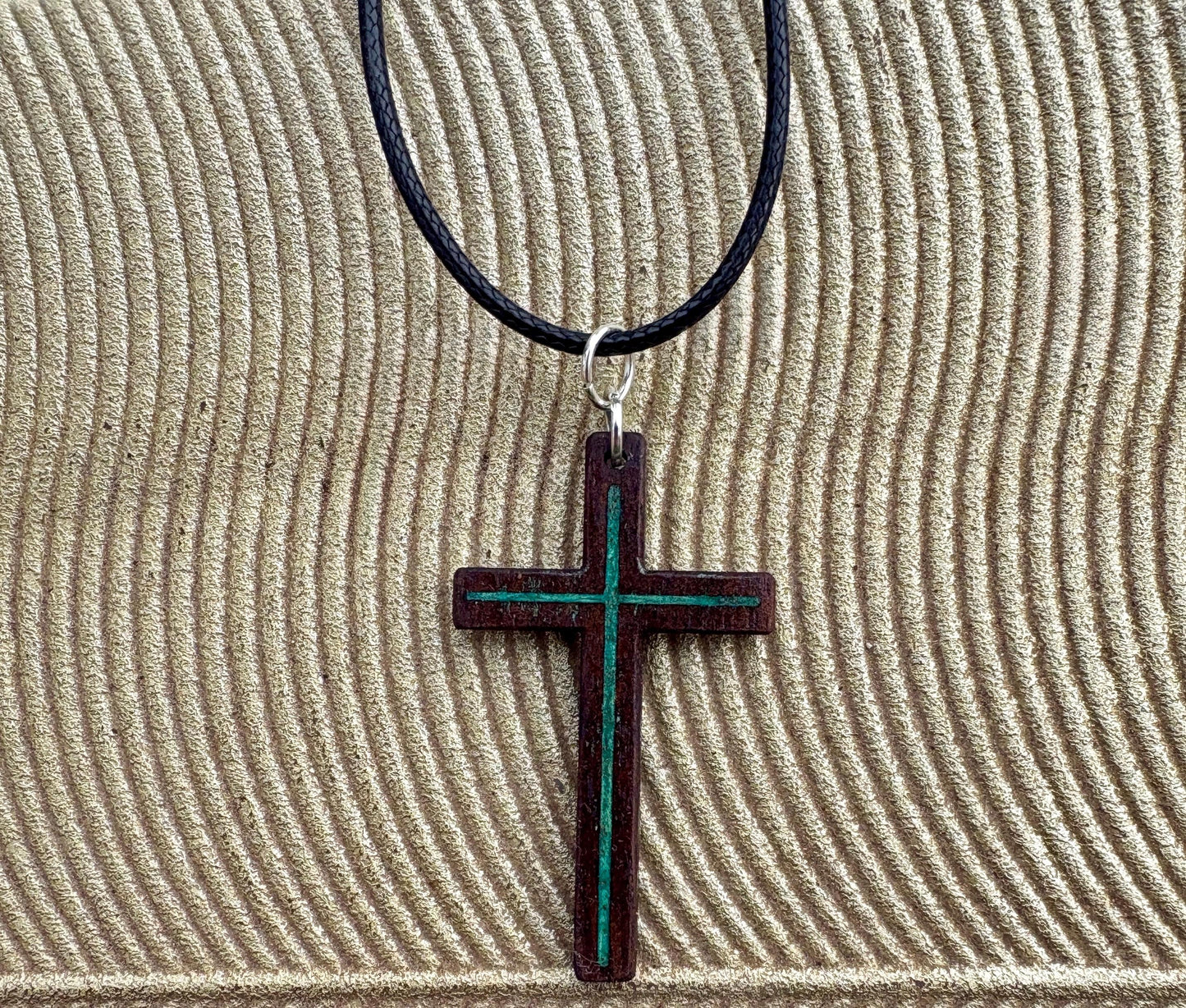 Handmade Black Walnut Cross Necklace, Turquoise Resin Inlay, Adjustable Cord, Christian Jewelry