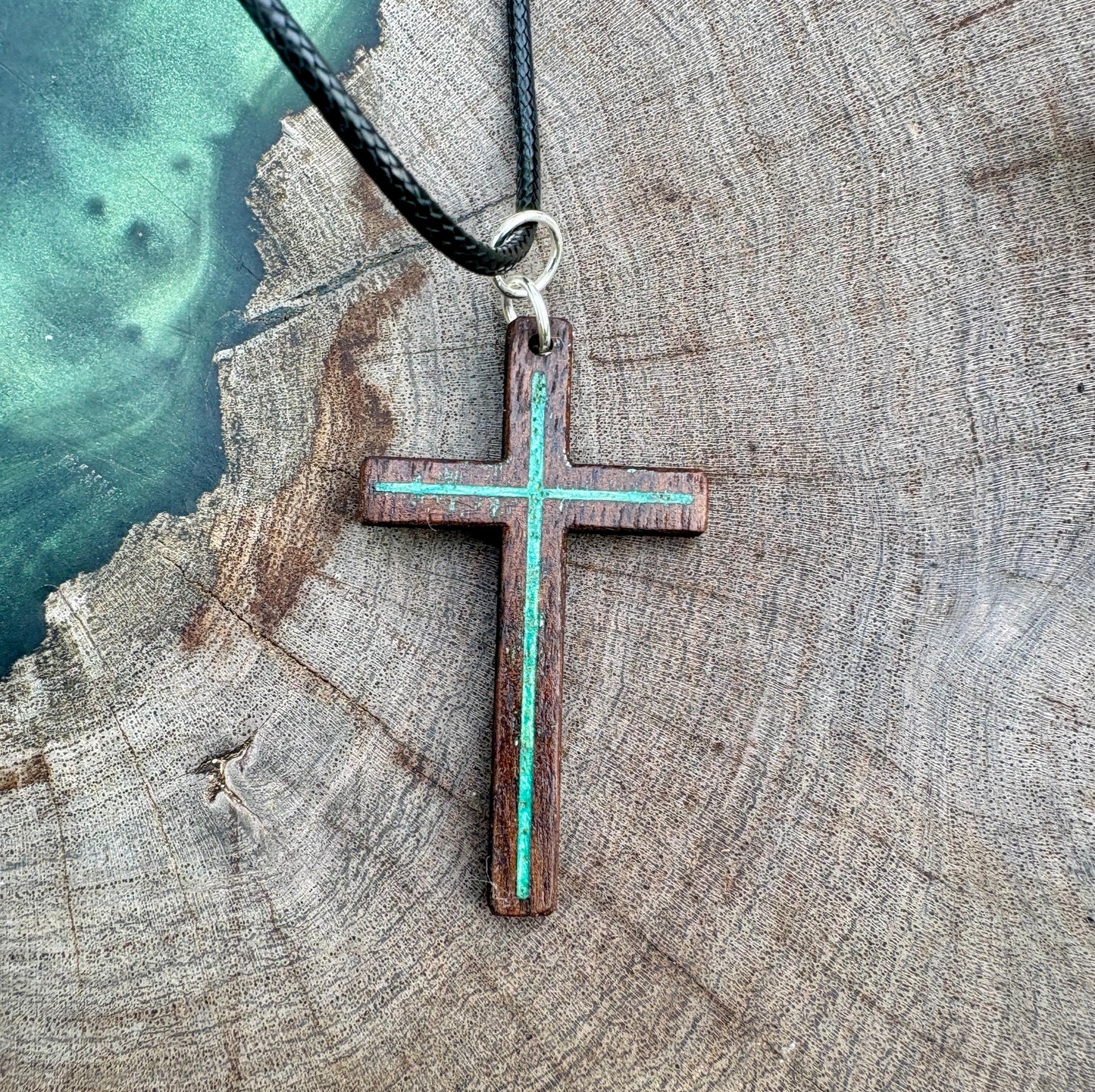 Handmade Black Walnut Cross Necklace, Turquoise Resin Inlay, Adjustable Cord, Christian Jewelry