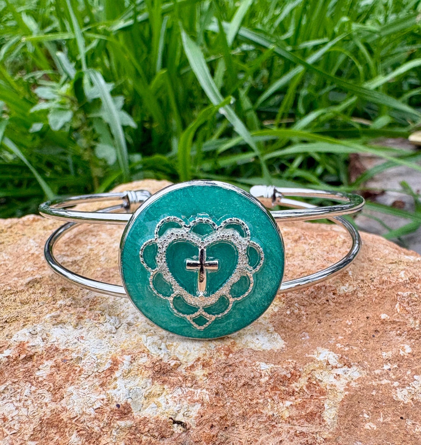 Handmade Turquoise Resin Cross Heart Bracelet, Silver Tone Open Cuff Bracelet, Faith Inspired Christian Jewelry, Boho Bracelet Gift
