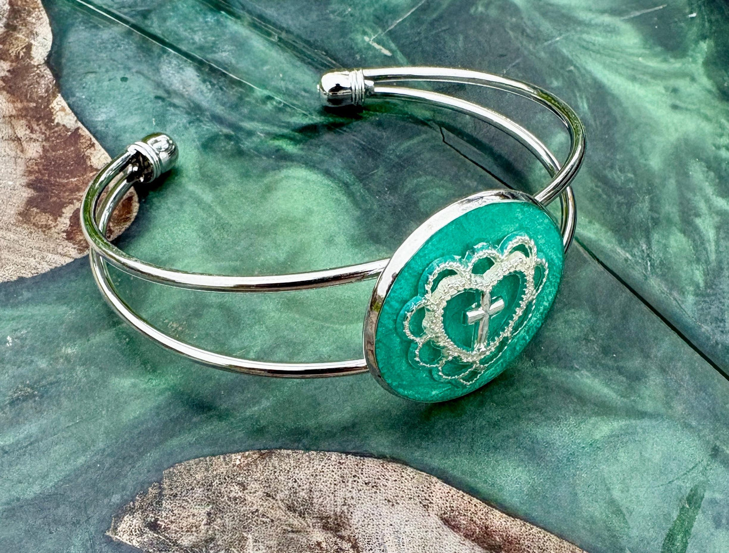 Handmade Turquoise Resin Cross Heart Bracelet, Silver Tone Open Cuff Bracelet, Faith Inspired Christian Jewelry, Boho Bracelet Gift