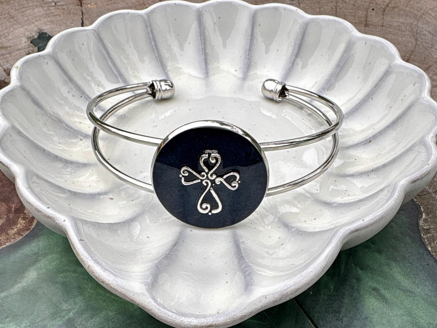 Handmade Midnight Blue Resin Cross Bracelet, Silver Tone Open Cuff Bracelet, Faith Inspired Christian Jewelry, Western Rustic Bracelet Gift