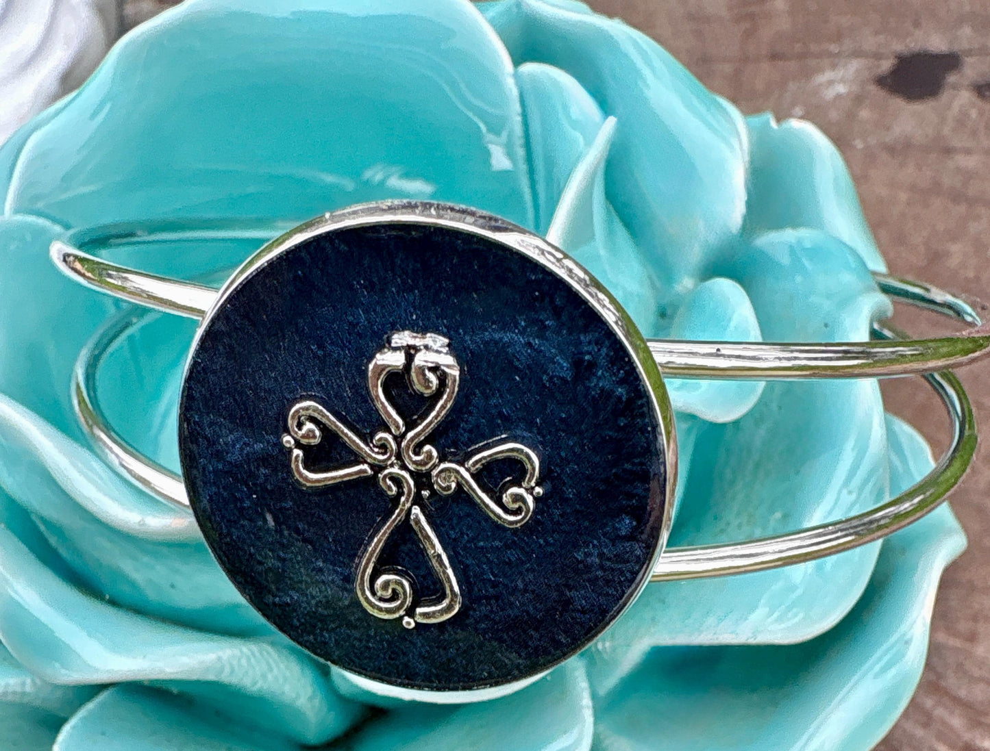 Handmade Midnight Blue Resin Cross Bracelet, Silver Tone Open Cuff Bracelet, Faith Inspired Christian Jewelry, Western Rustic Bracelet Gift