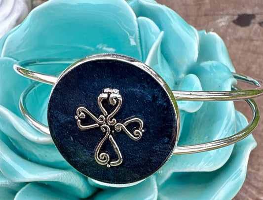 Handmade Midnight Blue Resin Cross Bracelet, Silver Tone Open Cuff Bracelet, Faith Inspired Christian Jewelry, Western Rustic Bracelet Gift