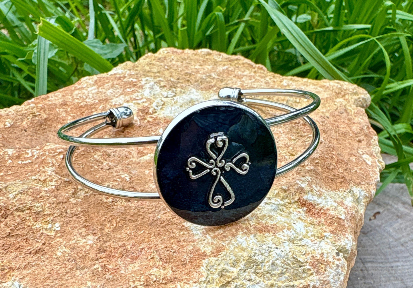 Handmade Midnight Blue Resin Cross Bracelet, Silver Tone Open Cuff Bracelet, Faith Inspired Christian Jewelry, Western Rustic Bracelet Gift