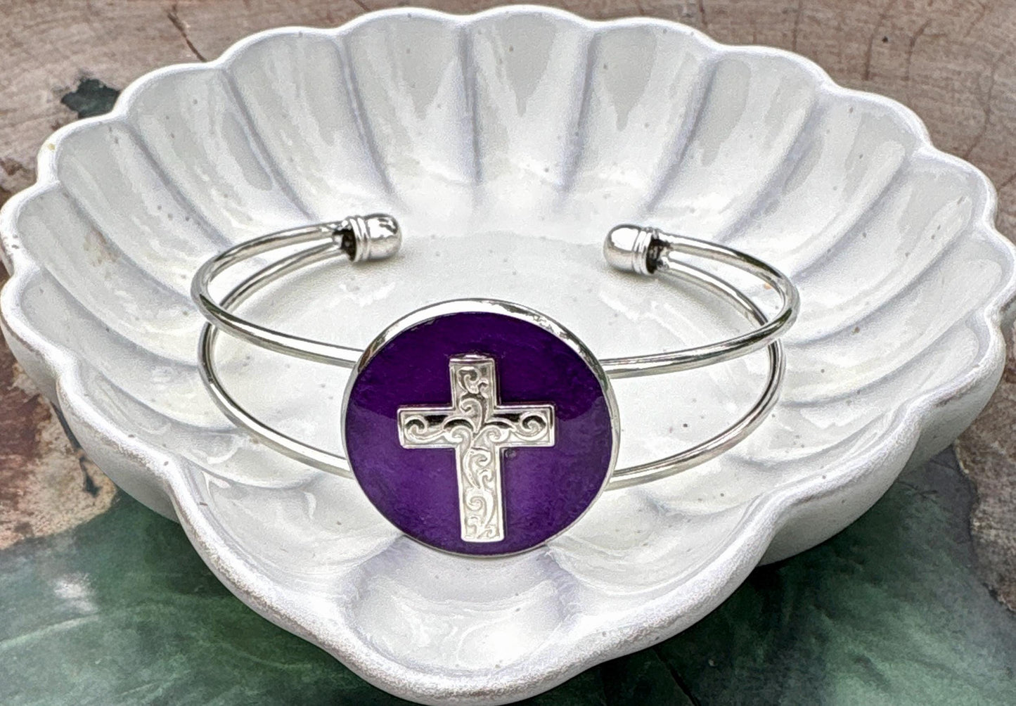 Handmade Purple Resin Cross Bracelet, Silver Tone Open Cuff Bracelet, Faith Inspired Christian Jewelry, Boho Rustic Bracelet Gift