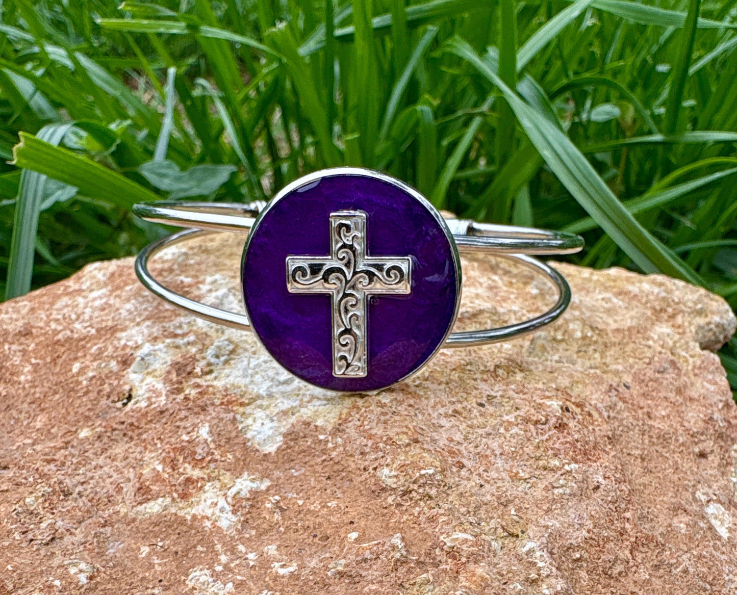 Handmade Purple Resin Cross Bracelet, Silver Tone Open Cuff Bracelet, Faith Inspired Christian Jewelry, Boho Rustic Bracelet Gift