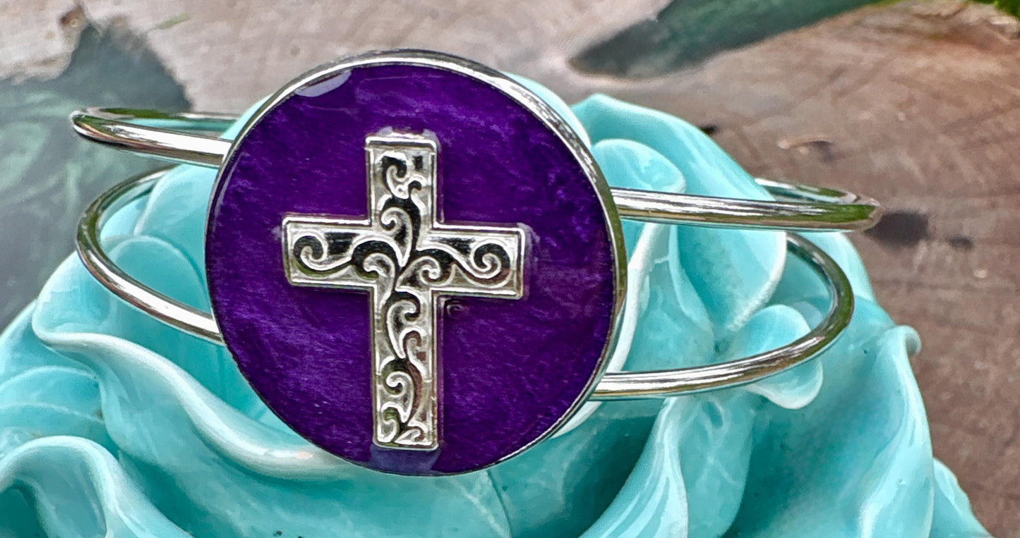 Handmade Purple Resin Cross Bracelet, Silver Tone Open Cuff Bracelet, Faith Inspired Christian Jewelry, Boho Rustic Bracelet Gift