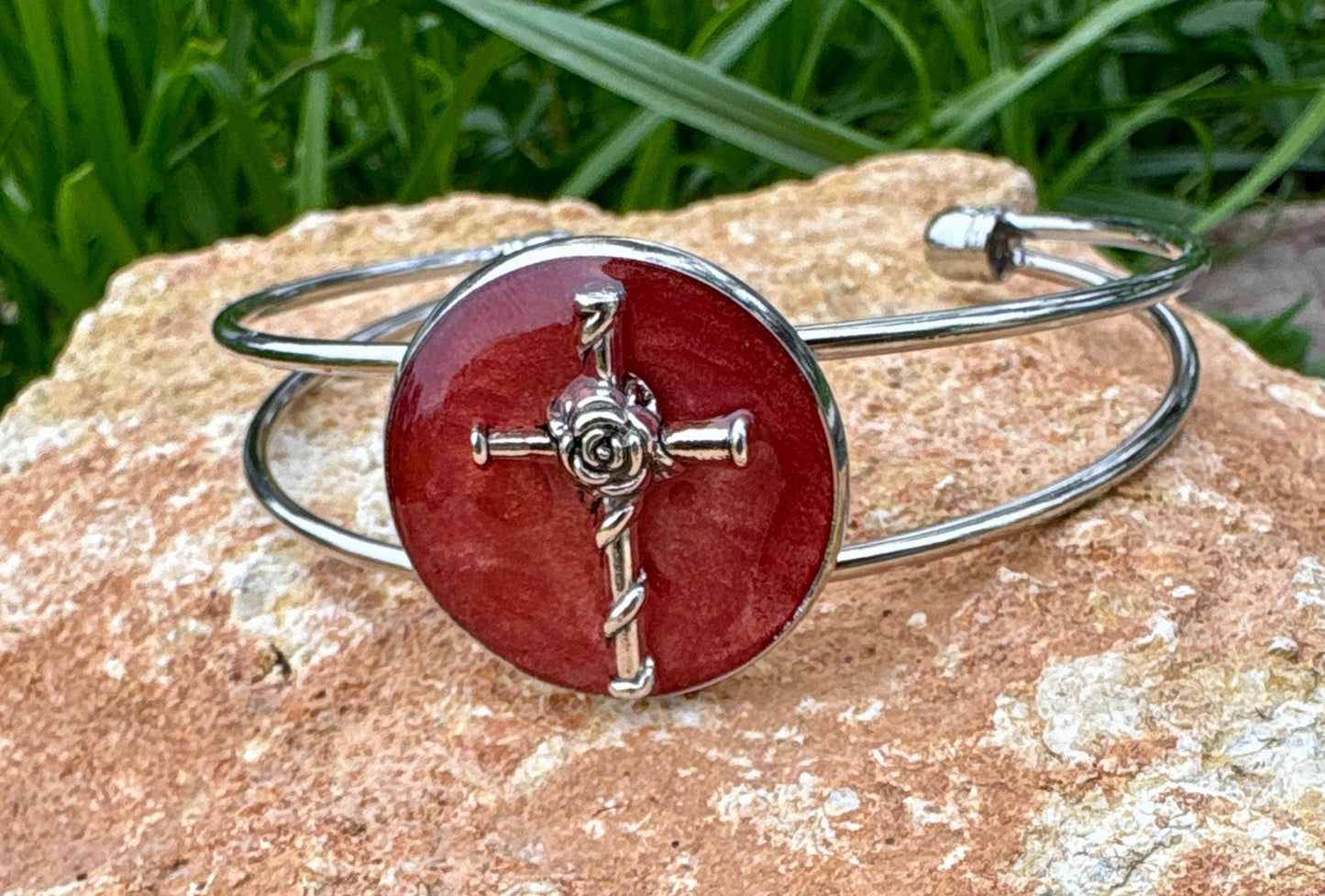 Handmade Red Resin Cross Bracelet, Silver Tone Open Cuff Bracelet, Nails and Rose Christian Jewelry, Boho Rustic Bracelet Gift