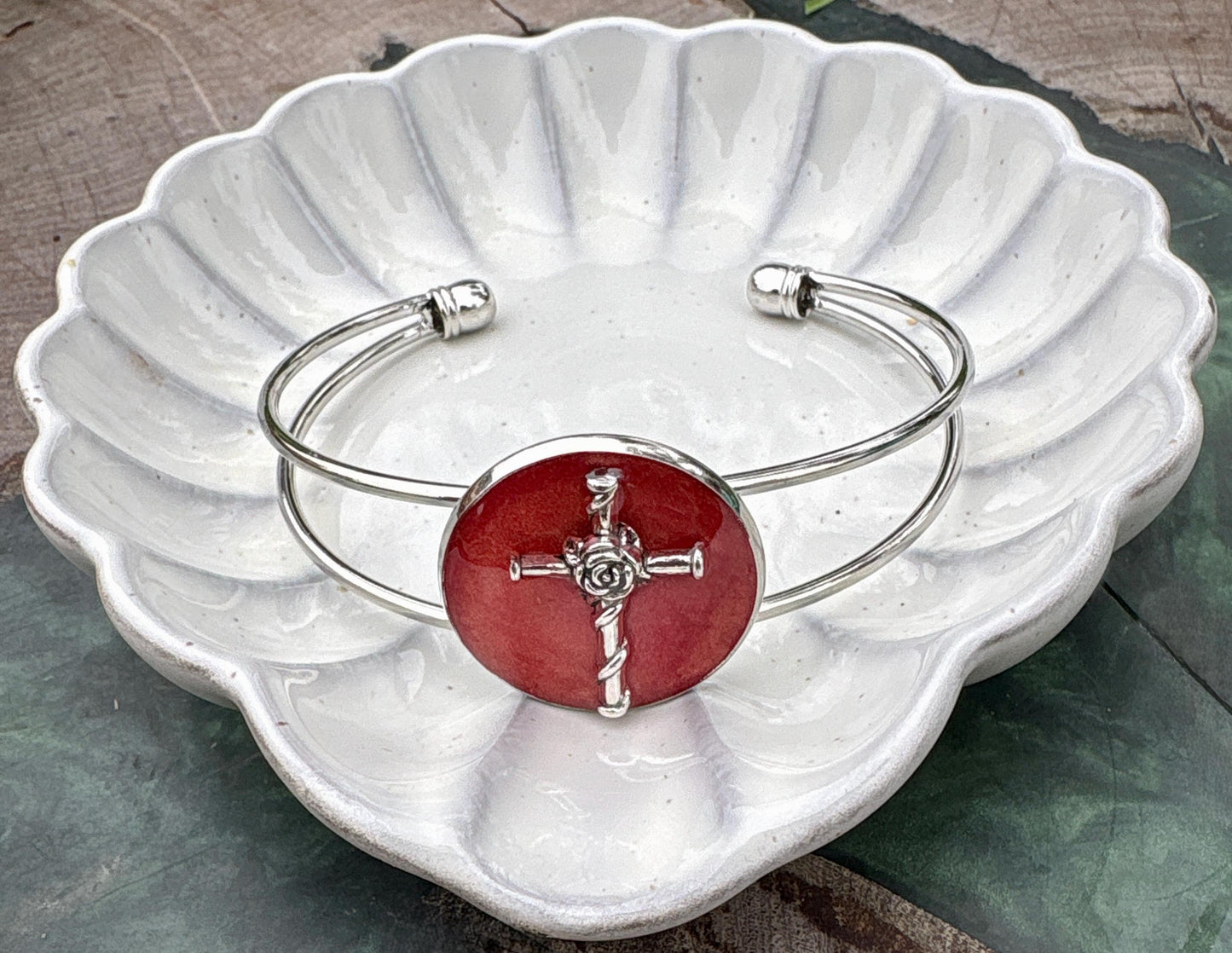 Handmade Red Resin Cross Bracelet, Silver Tone Open Cuff Bracelet, Nails and Rose Christian Jewelry, Boho Rustic Bracelet Gift