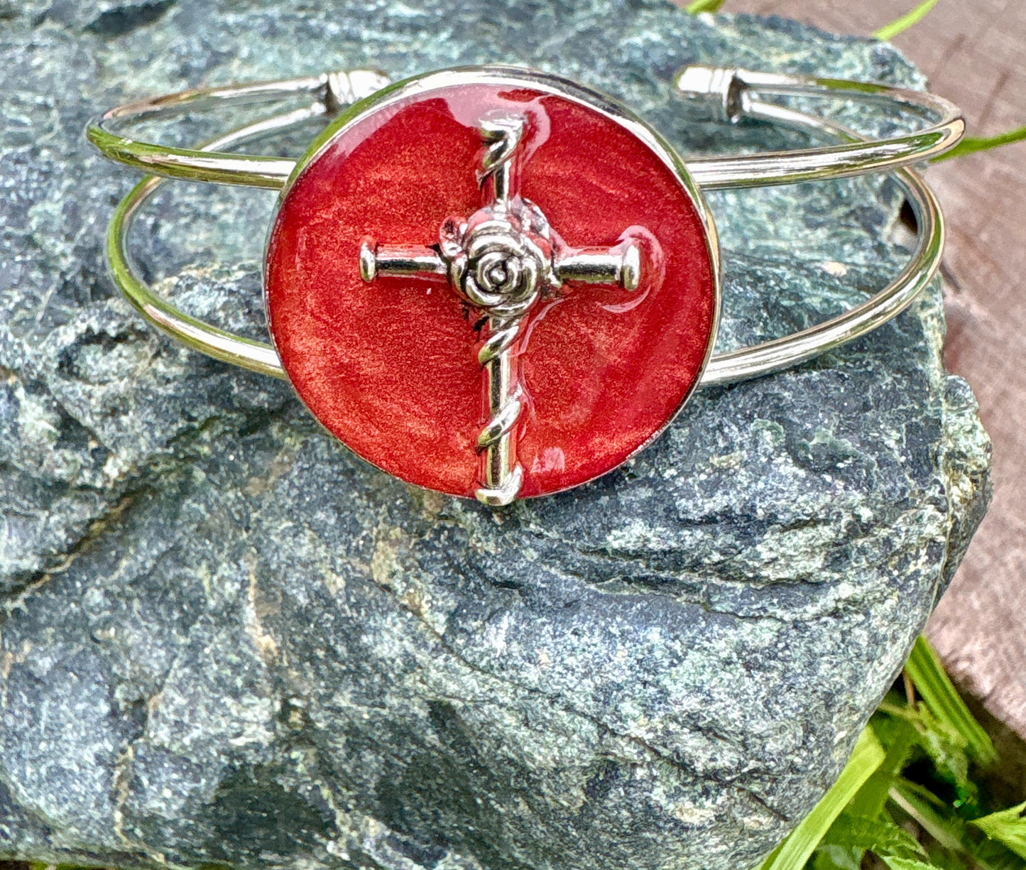 Handmade Red Resin Cross Bracelet, Silver Tone Open Cuff Bracelet, Nails and Rose Christian Jewelry, Boho Rustic Bracelet Gift
