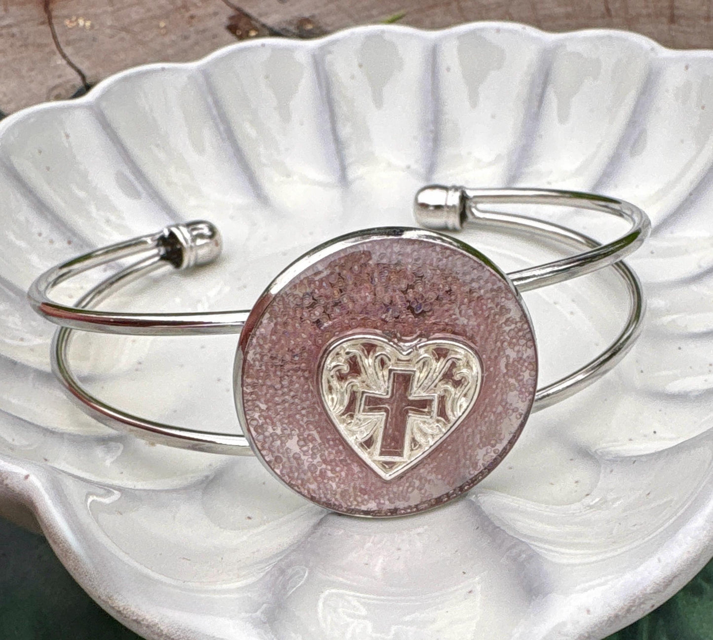 Handmade Pink Resin Cross Bracelet, Silver Tone Open Cuff Bracelet, Faith Inspired Christian Jewelry, Heart Bracelet Gift