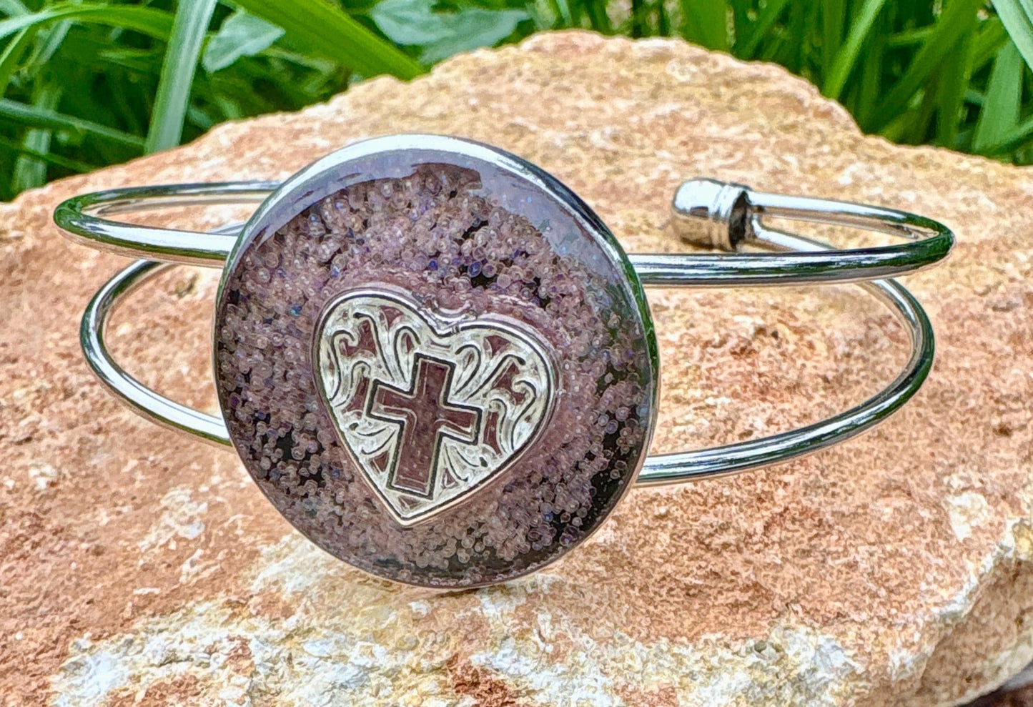 Handmade Pink Resin Cross Bracelet, Silver Tone Open Cuff Bracelet, Faith Inspired Christian Jewelry, Heart Bracelet Gift