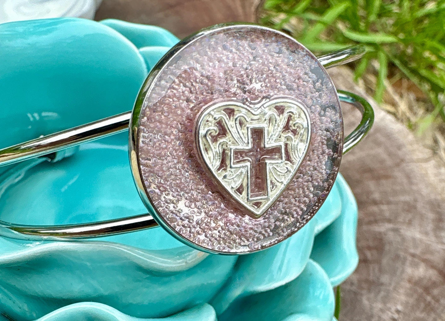 Handmade Pink Resin Cross Bracelet, Silver Tone Open Cuff Bracelet, Faith Inspired Christian Jewelry, Heart Bracelet Gift