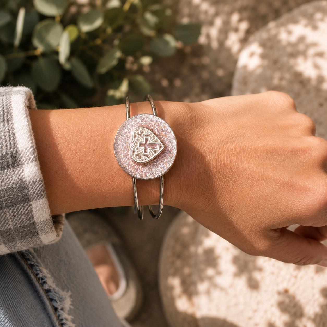 Handmade Pink Resin Cross Bracelet, Silver Tone Open Cuff Bracelet, Faith Inspired Christian Jewelry, Heart Bracelet Gift