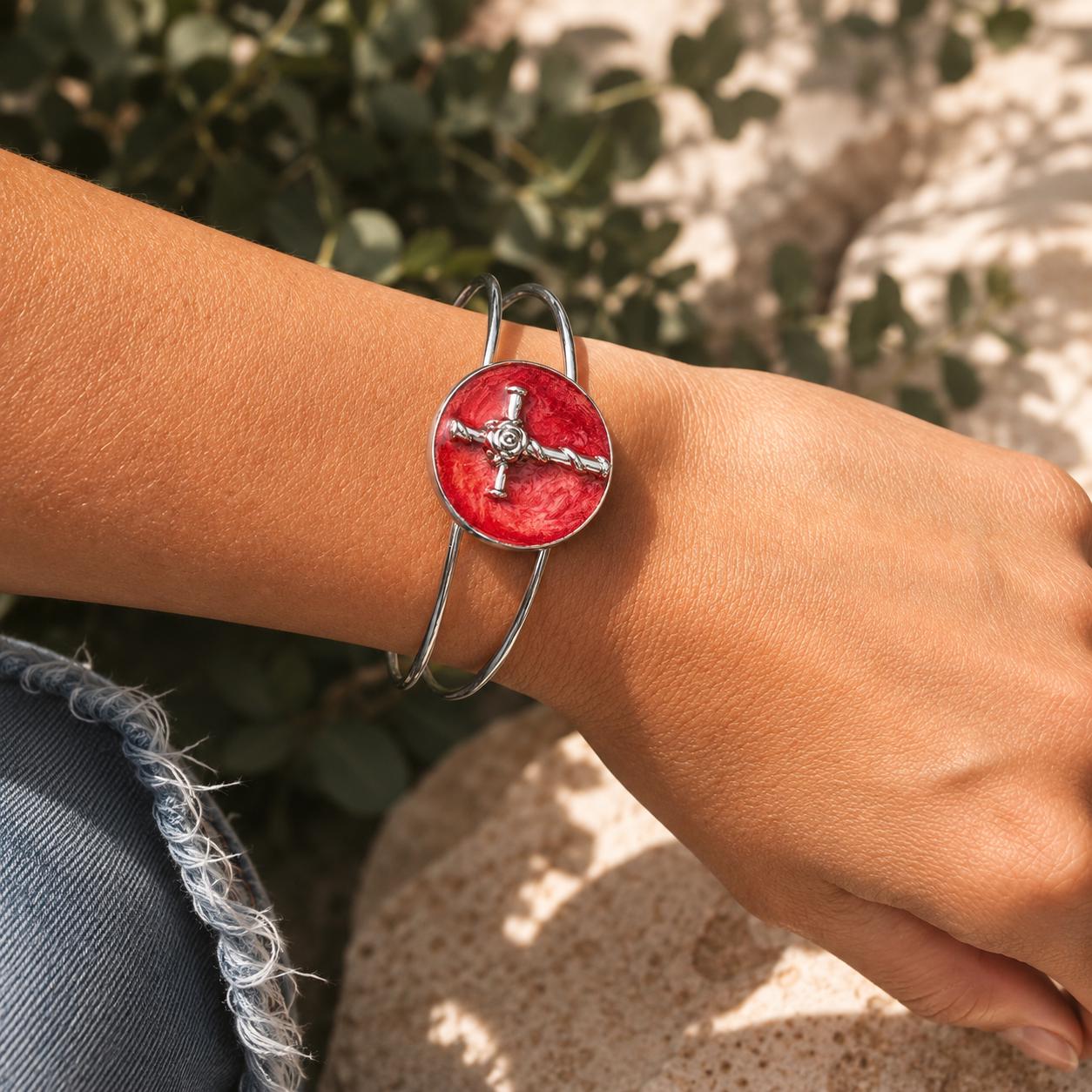 Handmade Red Resin Cross Bracelet, Silver Tone Open Cuff Bracelet, Nails and Rose Christian Jewelry, Boho Rustic Bracelet Gift